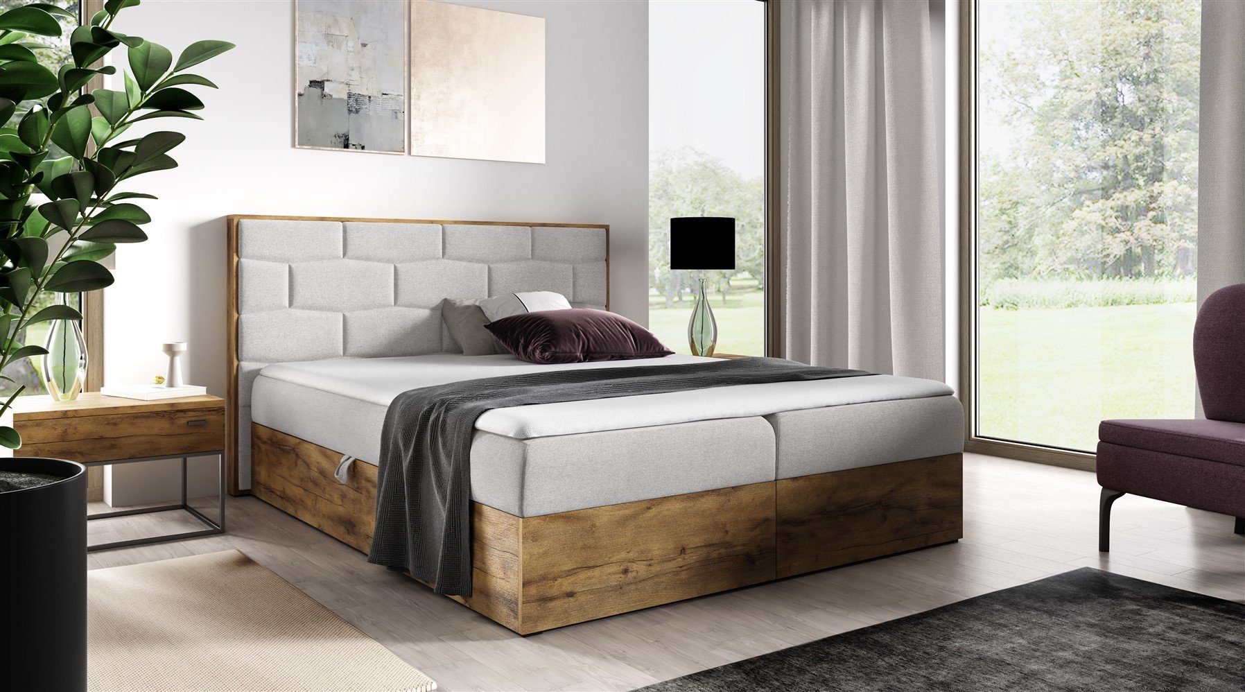 Fun Möbel Boxbett Schlafzimmerbett BEILA Überlänge in Stoff Faro (auch in Standardlänge erhältlich, Inkl. Bettkästen und Topper), Lancelot-Eiche-Optik