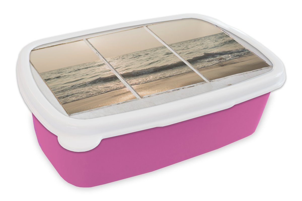 Snackbox, Kinder, Aussicht rosa MuchoWow - Brotdose für Mädchen, Meer, - Lunchbox Brotbox Kunststoff, Erwachsene, Strand Kunststoff (2-tlg),