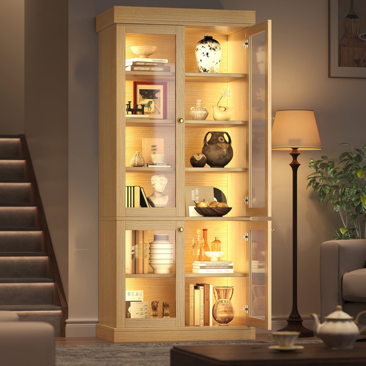 Odikalo Vitrine Vitrineschrank Glasvitrine mit LED (durchdachter Innenaufteilung und Kippschutz, stabil, sicher und vielseitig für Zuhause) 80×40×180cm