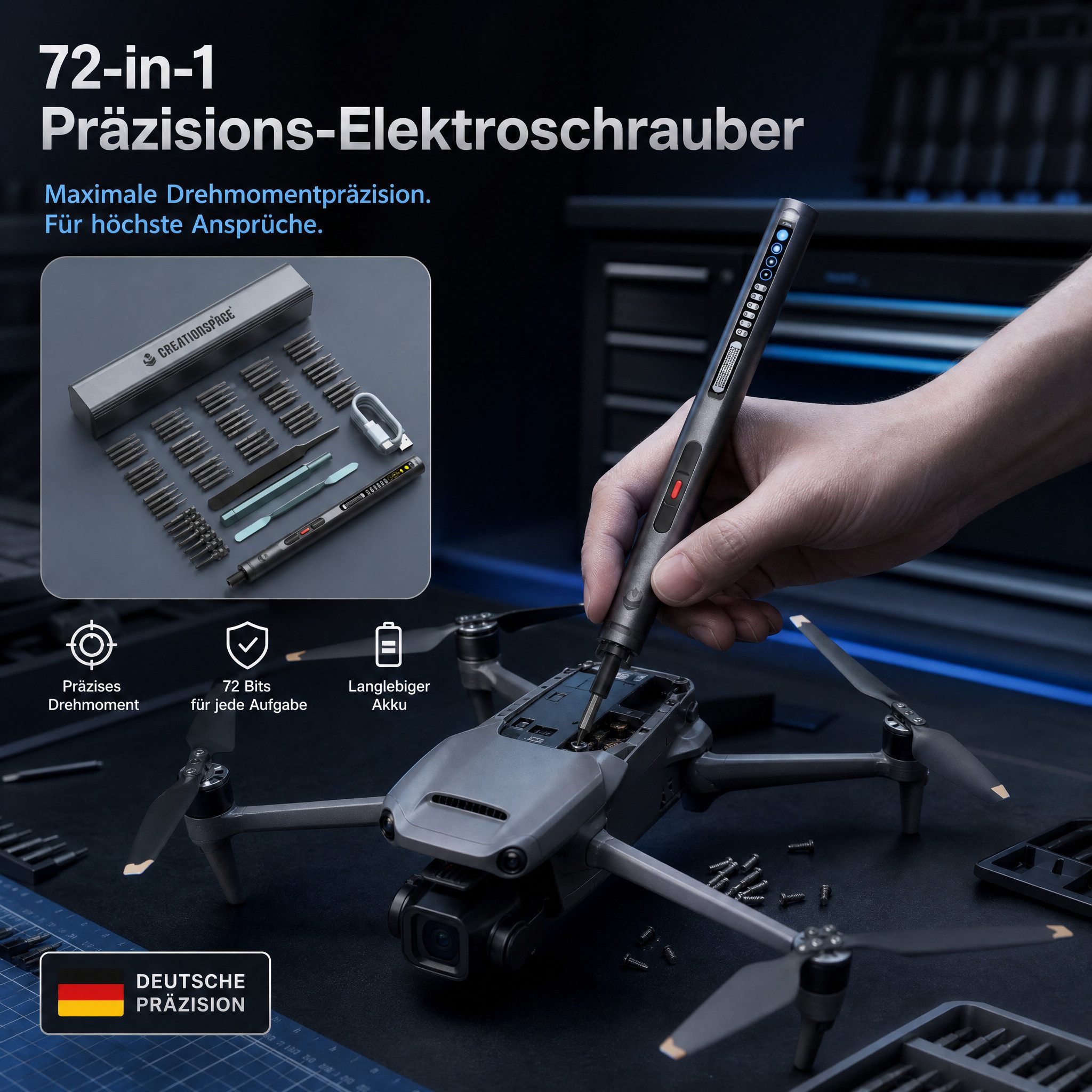 Blossom Elektro-Schraubendreher 72 in 1 Elektrischer Präzisionsschraubendreher mit 60 S2 Bits, 3 Nm, Schraubendreher Set mit LED, 6 Drehmomentstufen USB-C Ladefunktion