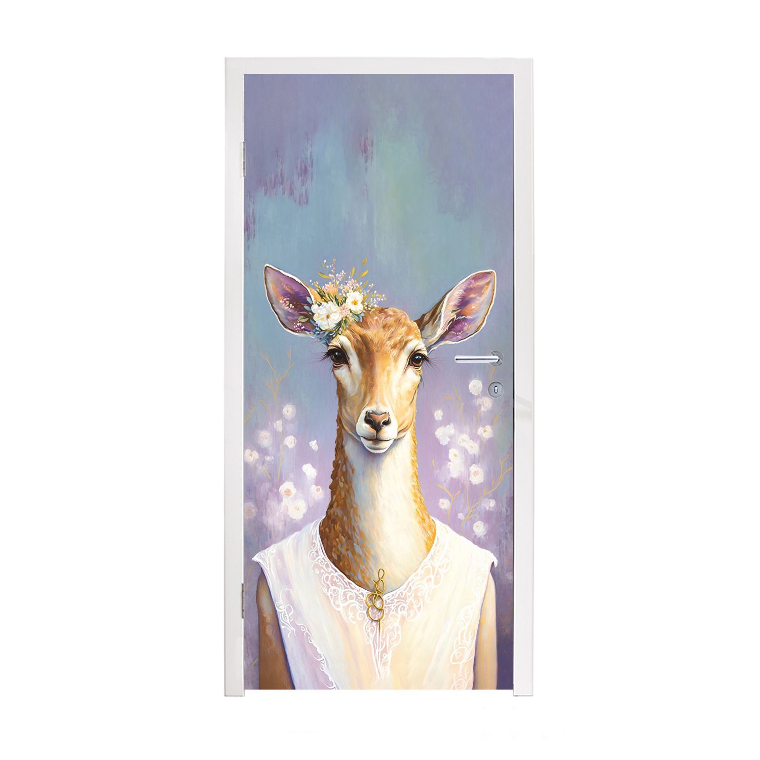 MuchoWow Türtapete Hirsche - Tiere, St), bedruckt, Porträt Gemälde - - Türaufkleber, cm (1 75x205 - für Matt, Blumen Tür, Fototapete