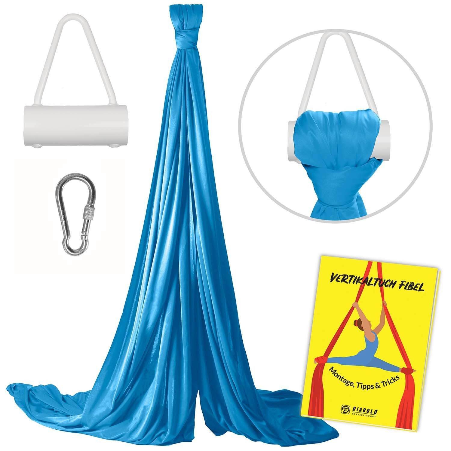 Diabolo Freizeitsport Nestschaukel Vertikaltuch 6m & 8m + Triangelhalterung, (Aerial Silk Tuch 6 m Low-Stretch für Aerial Fitness Training, 1-tlg., Vertikaltuch mit Triangelhalterung, Anleitung und Baumwollzugbeutel), Vertikaltuch türkisblau 6 m & Triangelhalterung für Luftakrobatik (w)