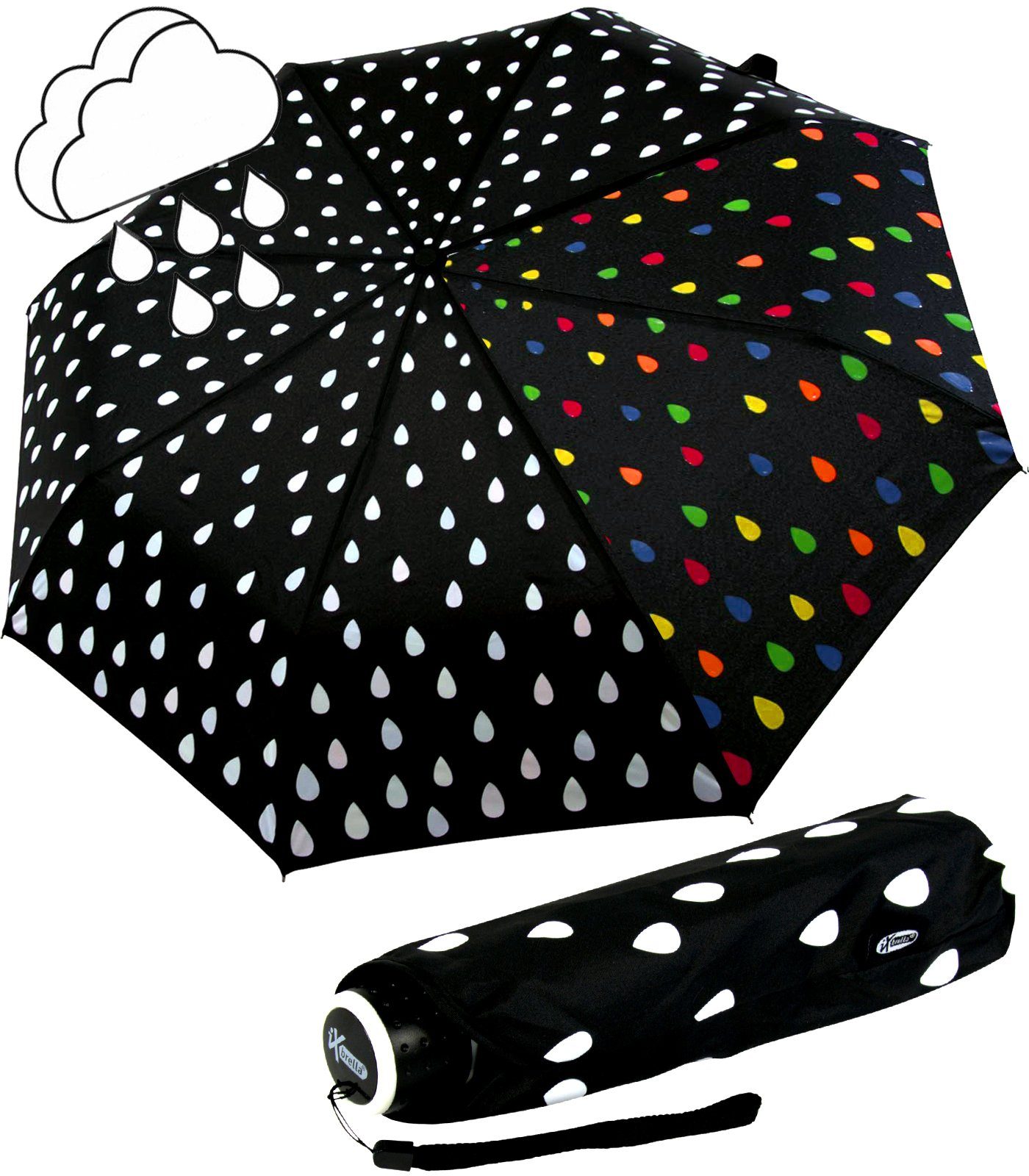 Taschenschirm, - iX-brella Langregenschirm mit - extra leicht, bei bunte Nässe Tropfen Dach Mini großem Light Ultra Farbwechsel