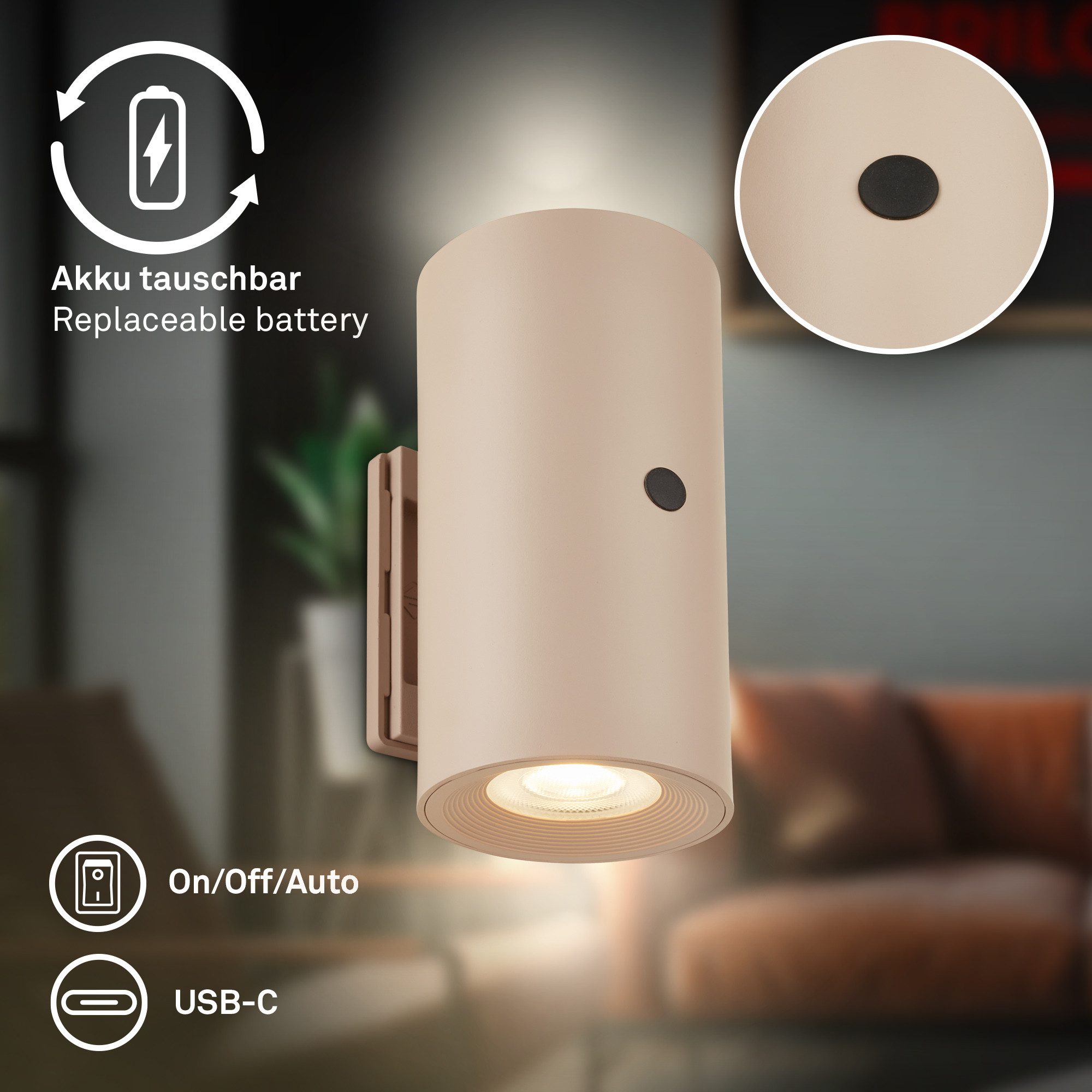 Briloner Leuchten LED Wandleuchte ISY, Dimmfunktion, LED fest integriert, Warmweiß, 6,1 x 12 cm (DxH) Beige 2 W ohne Stromanschluss Flur 2er-Set