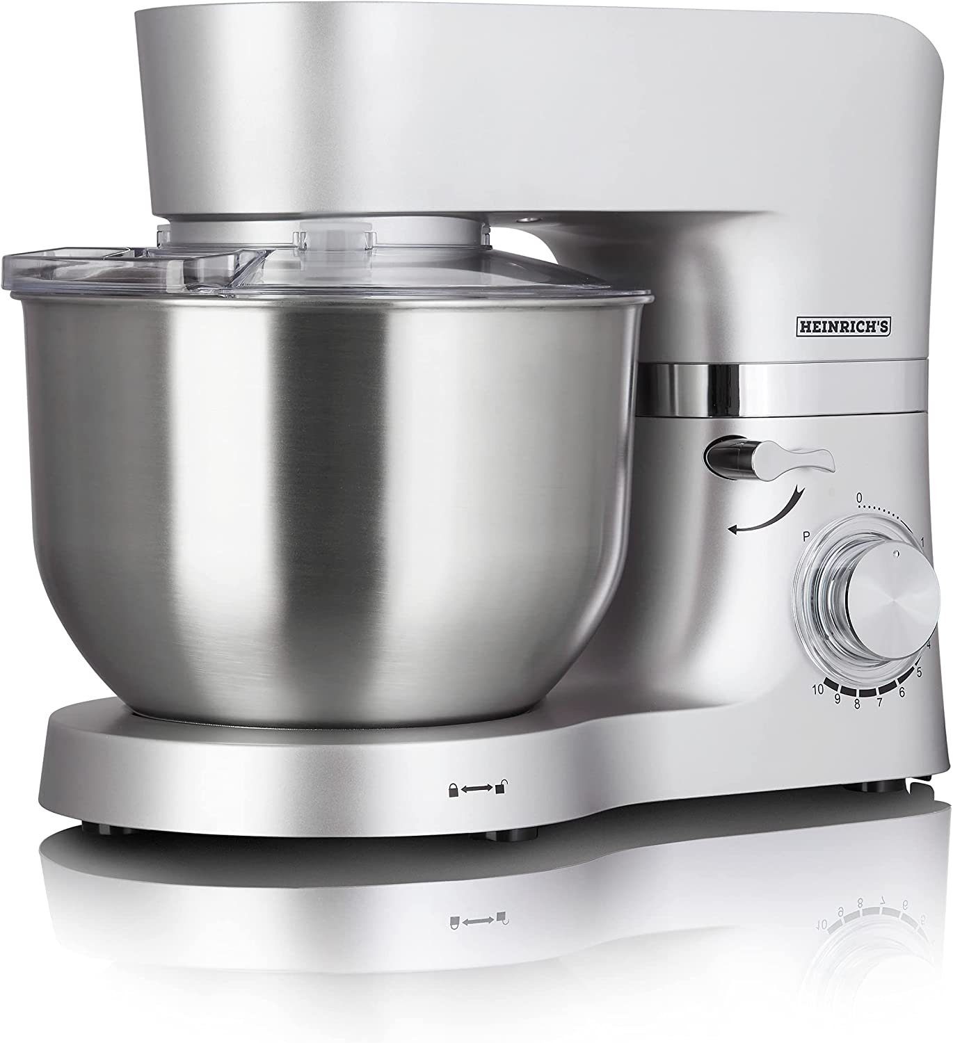 Heinrich´s Küchenmaschine, 1300 W, 6,20 l Schüssel, XL 6,2L Edelstahlschüssel mit Spritzschutz, 3 Aufsätze, 11 Stufen