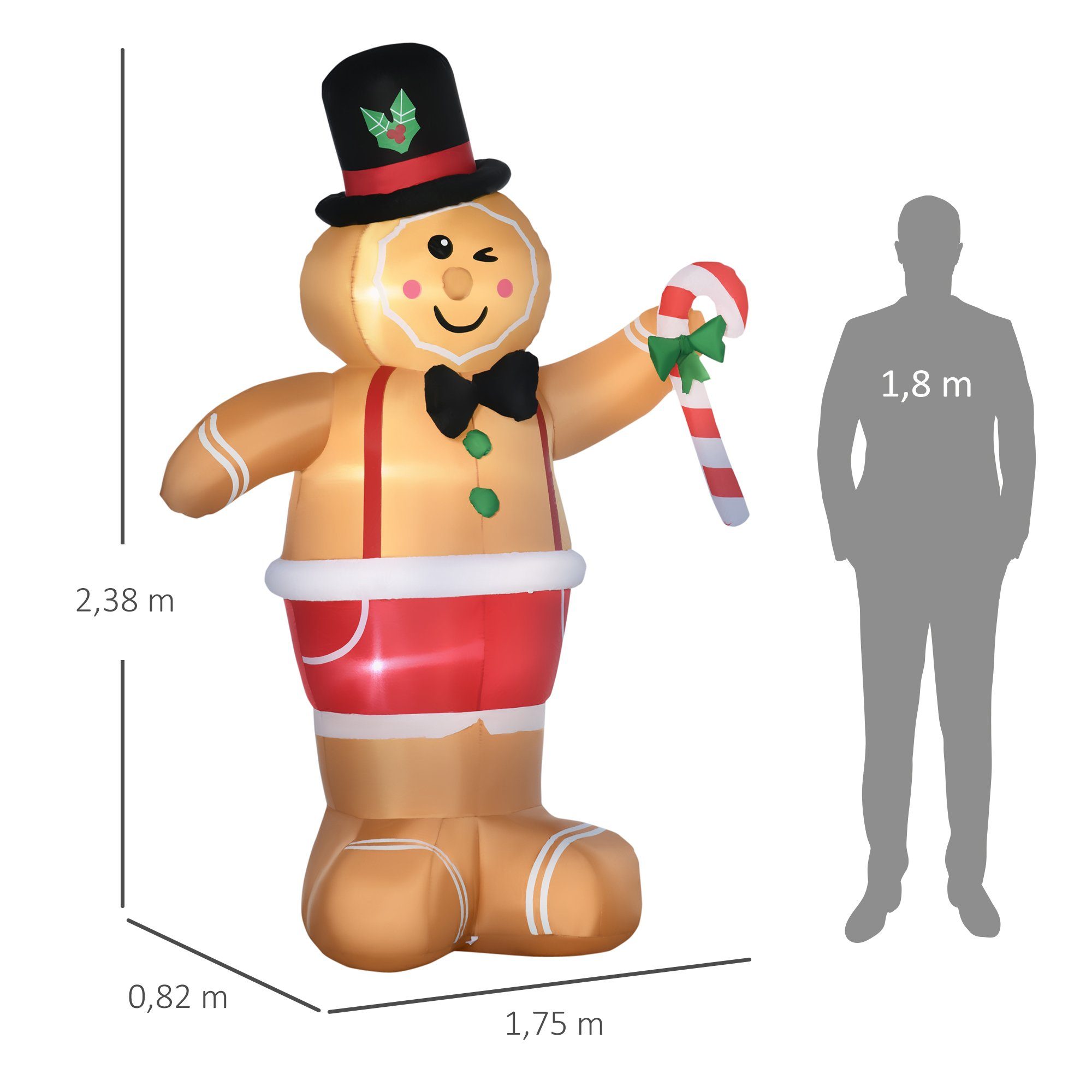 Outsunny Weihnachtsfigur Weihnachtsdekoration mit LED-Lichtern und Zuckerstange (Weihnachts Aufblasbarer Lebkuchenmann, 1 St., Weihnachten Gärten Dekoration), Polyester Braun 175 x 82 x 238 cm
