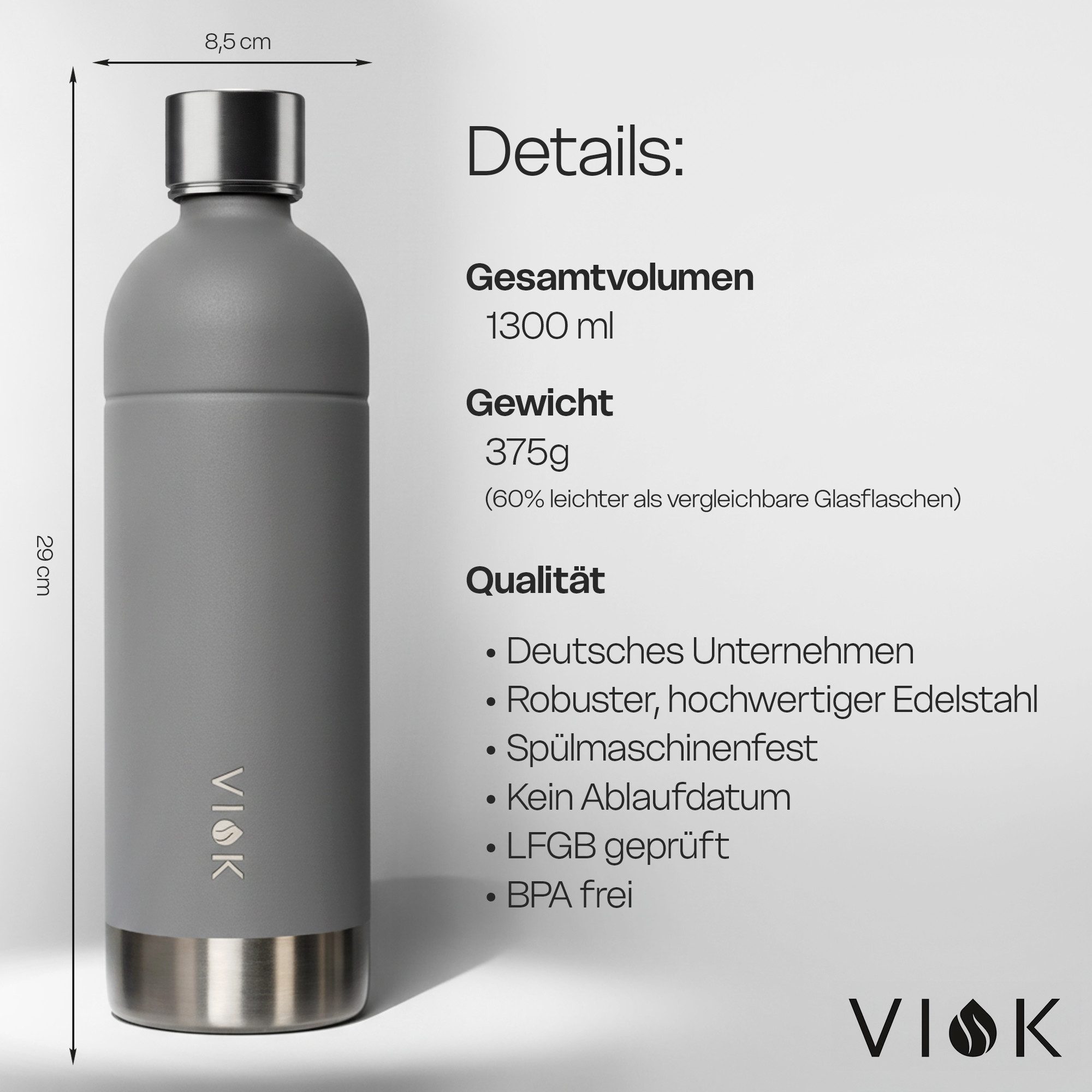 VIOK Wassersprudler Flasche Edelstahlflasche 1,3 L für Aarke Carbonator 3, SMEG, Brita, Arendo, Mit Trageschlaufe, Spülmaschinenfest, kein Ablaufdatum – Bild 3 von 5