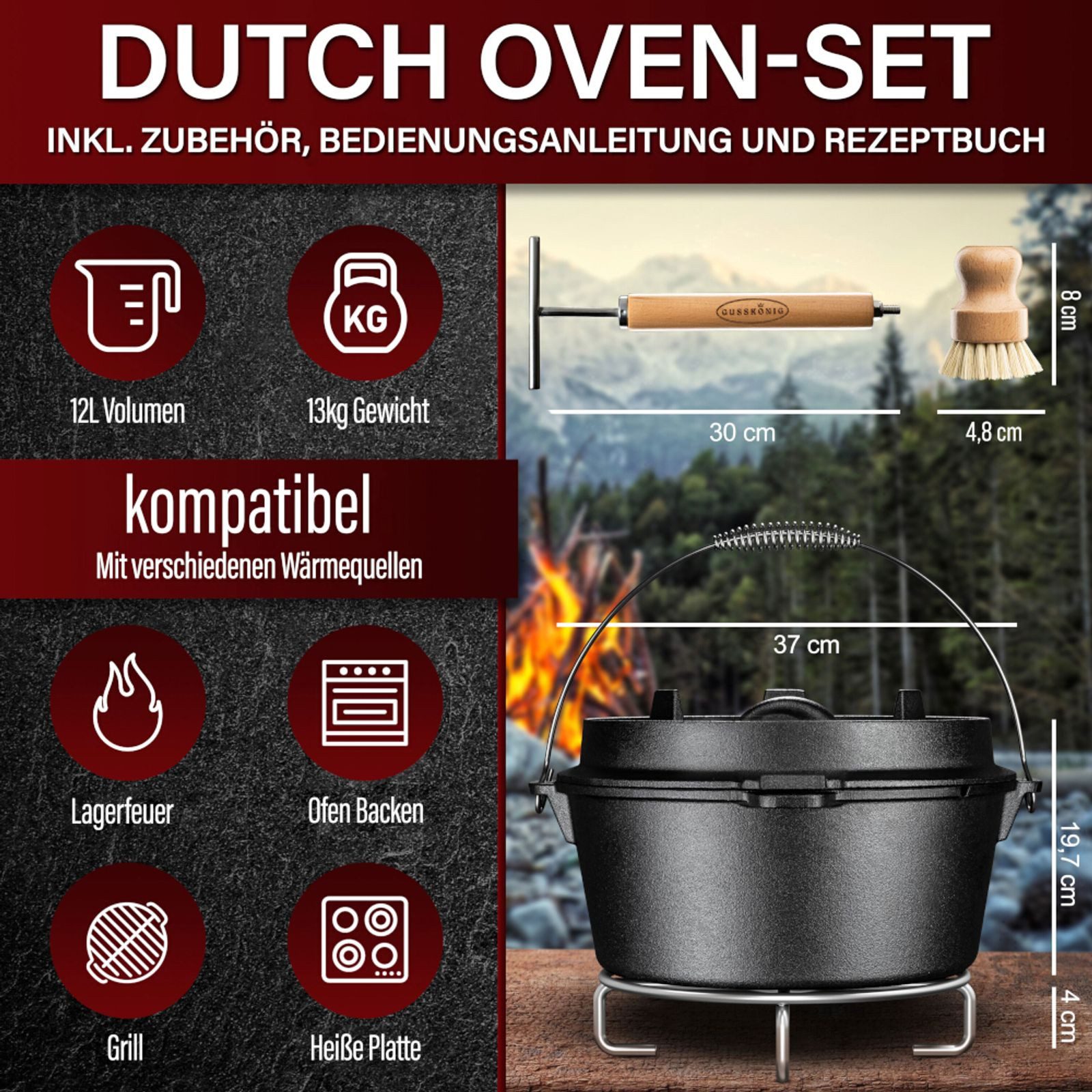 GUSSKÖNIG Grilltopf Dutch Oven 12 l ohne Füße 2in1 Deckelheber, Bürste, Untersetzer, Gusseisen