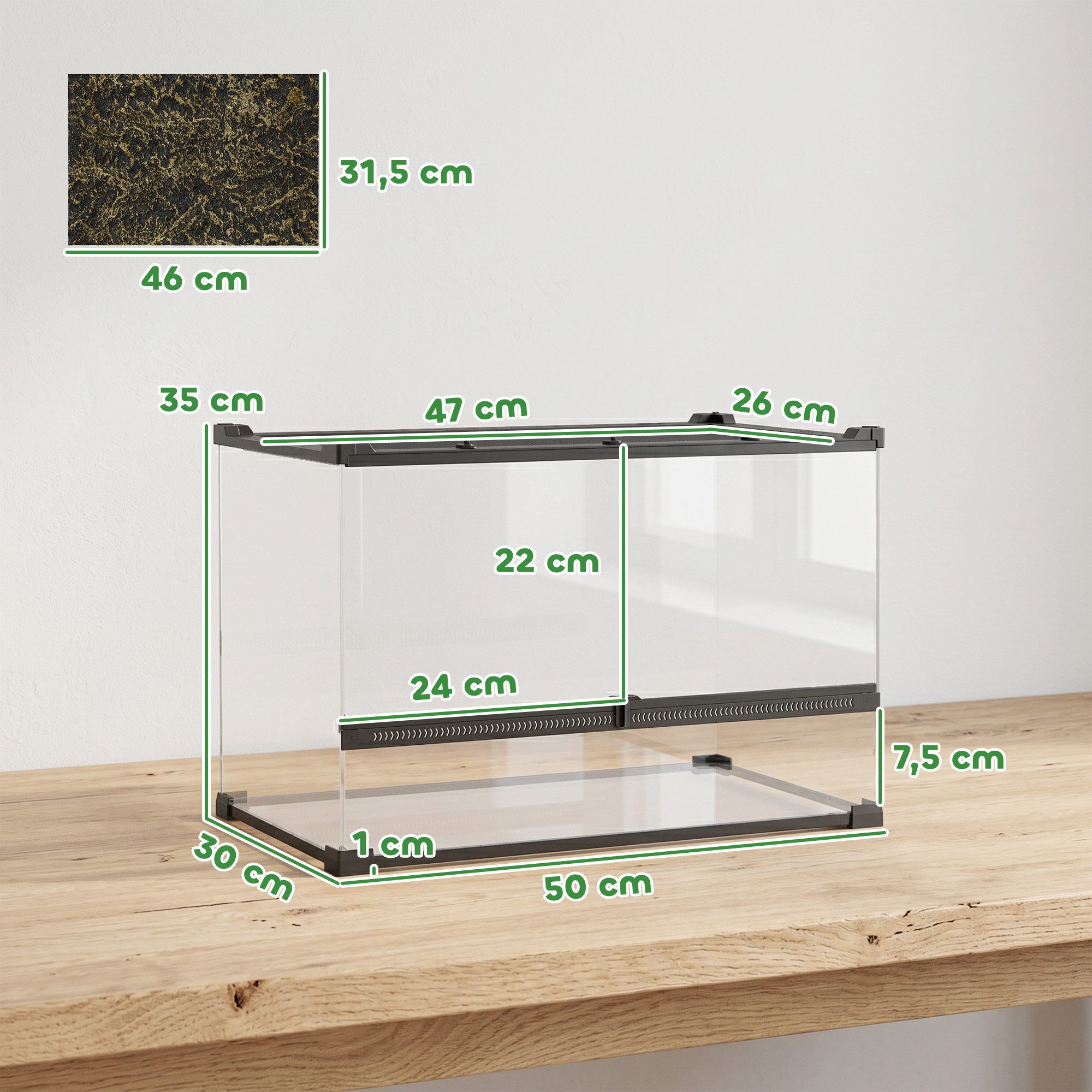 PawHut Terrarium Glasterrarium 48L Fütterungsbox mit Frontbelüftung, für Amphibien, Spinne, Schwarz, 50 x 30 x 35 cm