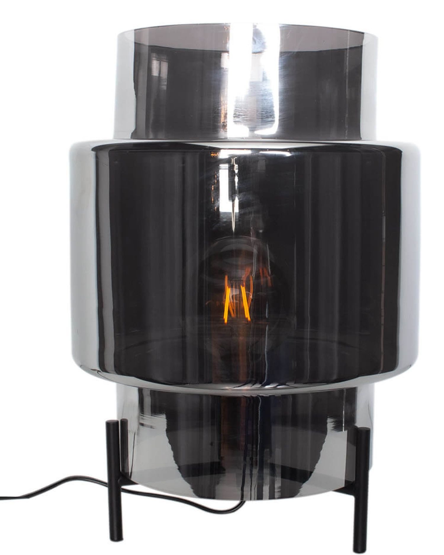 Licht-Erlebnisse Tischleuchte HEDDA, ohne Leuchtmittel, Dreibein Metall Rauchglas 37 cm hoch klein Schwarz Grau E27 Vintage