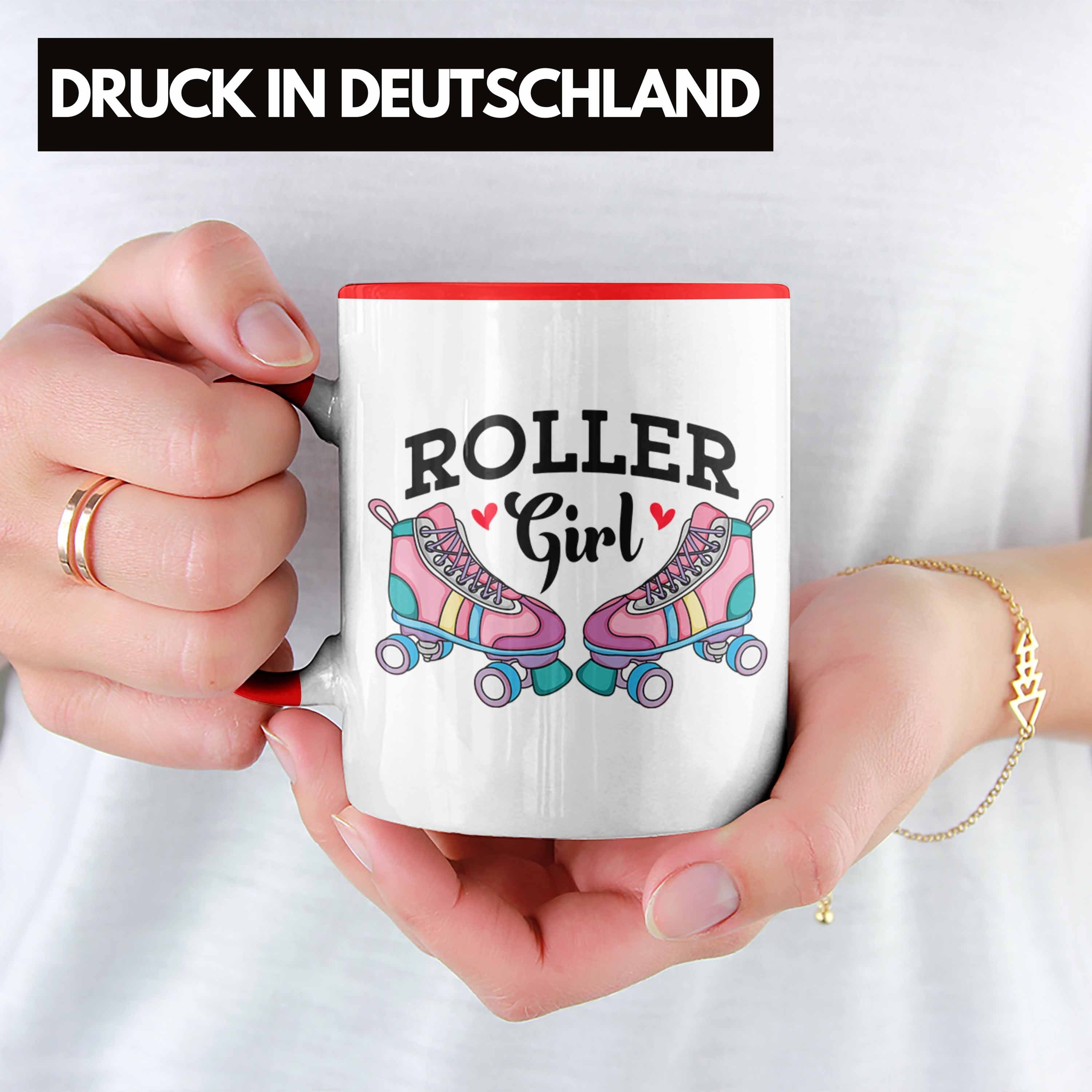 Trendation Tasse "Roller Girls für Nostalgie Rollschuh Rot 80er Girl" Geschenk Tasse Roller