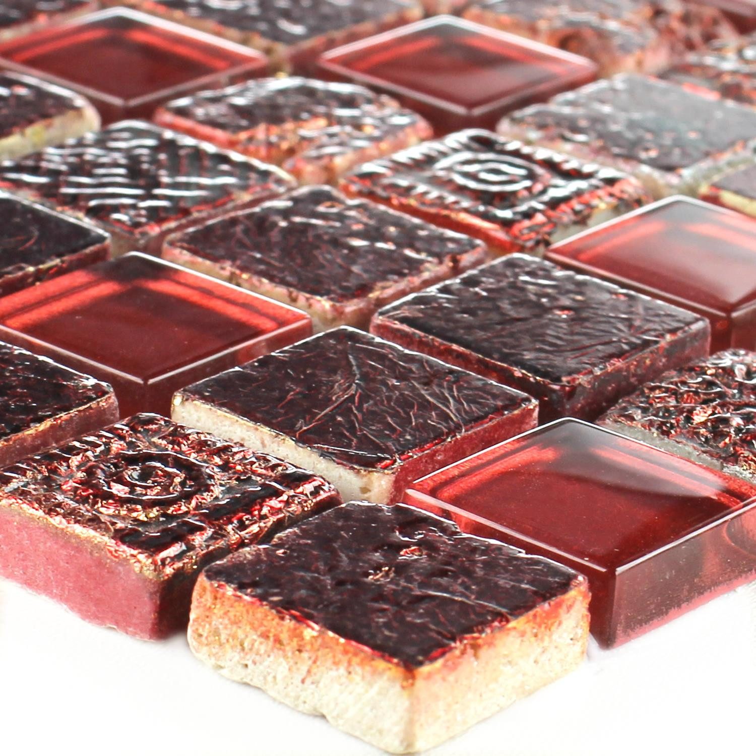 Mosafil Mosaikfliesen Glas Naturstein Mosaikfliesen Colicos, Naturstein-Resin-Glas 30.000x32.500, rot, Verlegefertig auf ein Netz geklebt