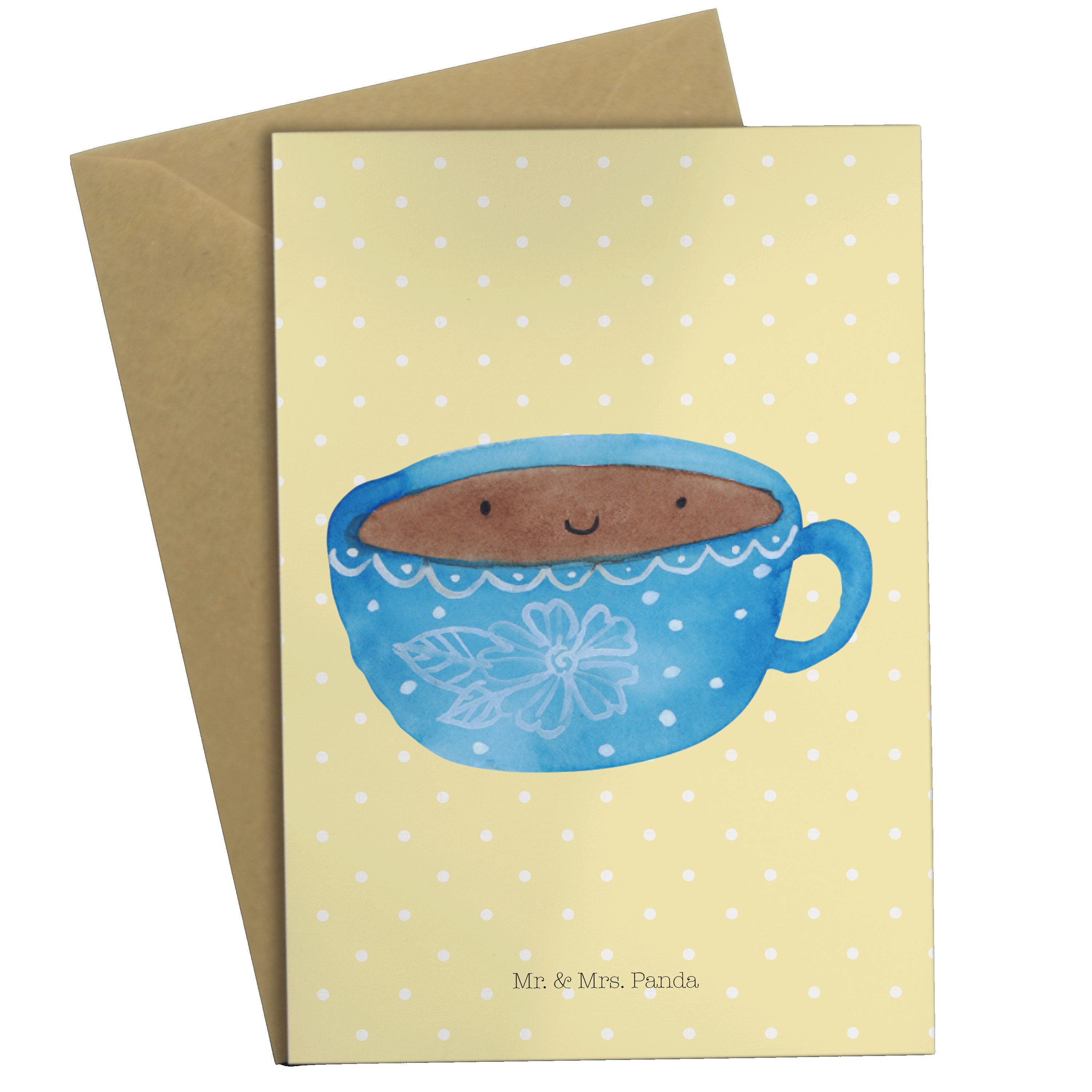Mr. & Mrs. Panda Grußkarte Kaffee Tasse - Gelb Pastell - Geschenk, Klappkarte, Geburtstagskarte