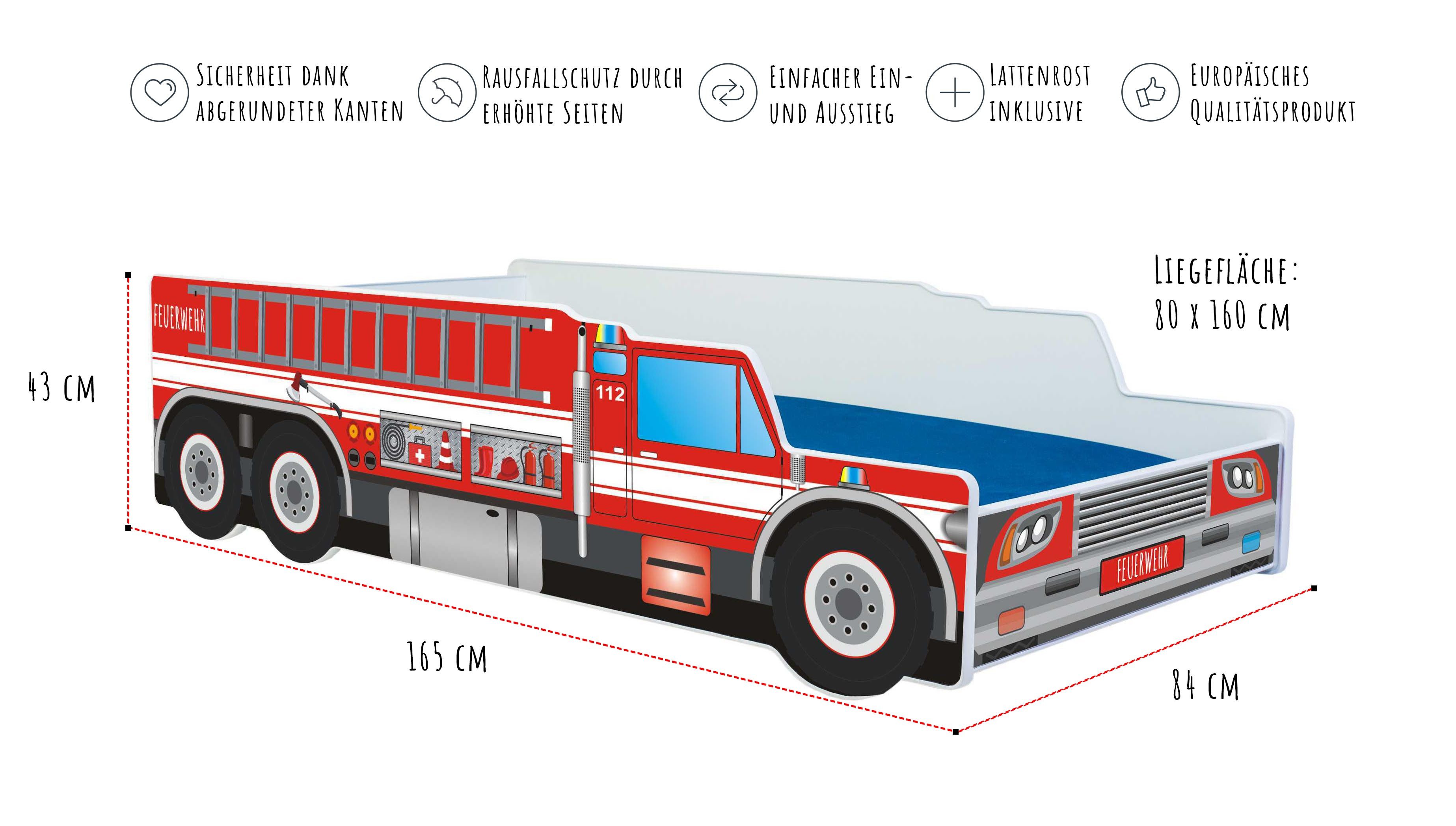 Kids Collective Autobett Kinderbett Jugendbett 70x140, 80x160 cm mit Rausfallschutz Feuerwehr, Feuerwehrauto Feuerwehrmann Kinderspielbett 80x160 cm – Bild 5 von 5