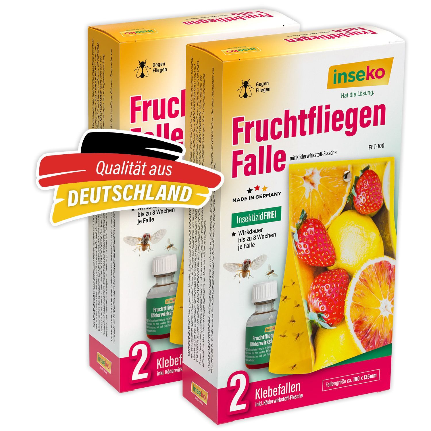 Inseko Insektenfalle 4x inseko Fruchtfliegen Falle I effektive Obstfliegenfalle, inkl. Fruchtfliegenköder und 2 Klebefallen je Packung