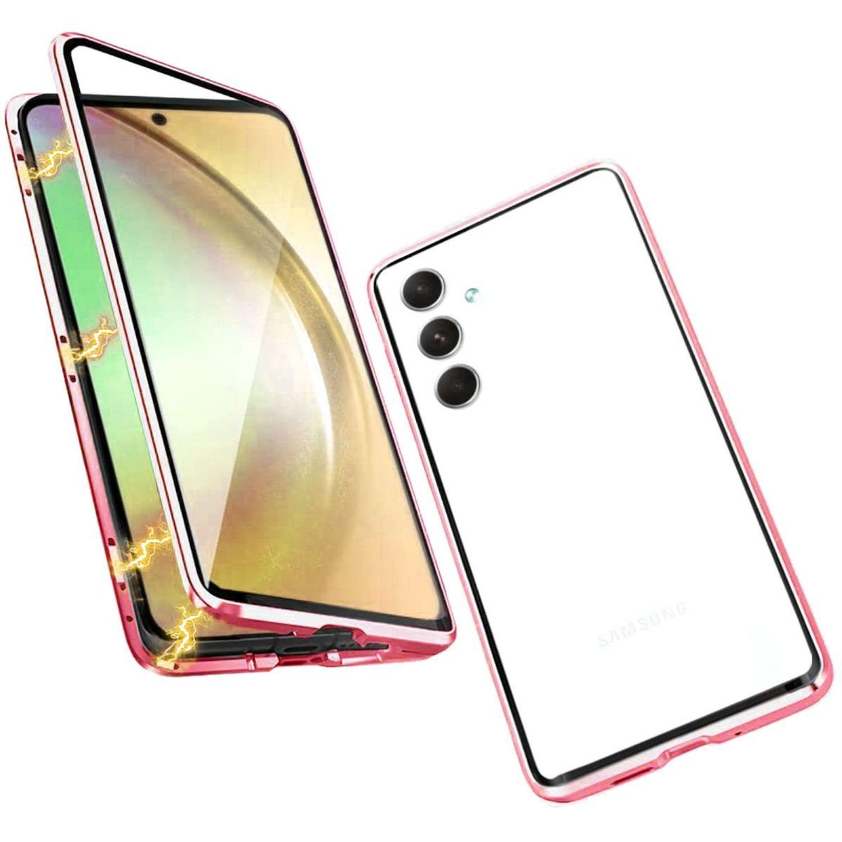 Für Samsung Galaxy S24 Ultra Beidseitiger 360 Grad Magnet Glas Hülle Handy  Tasche Bumper Silber