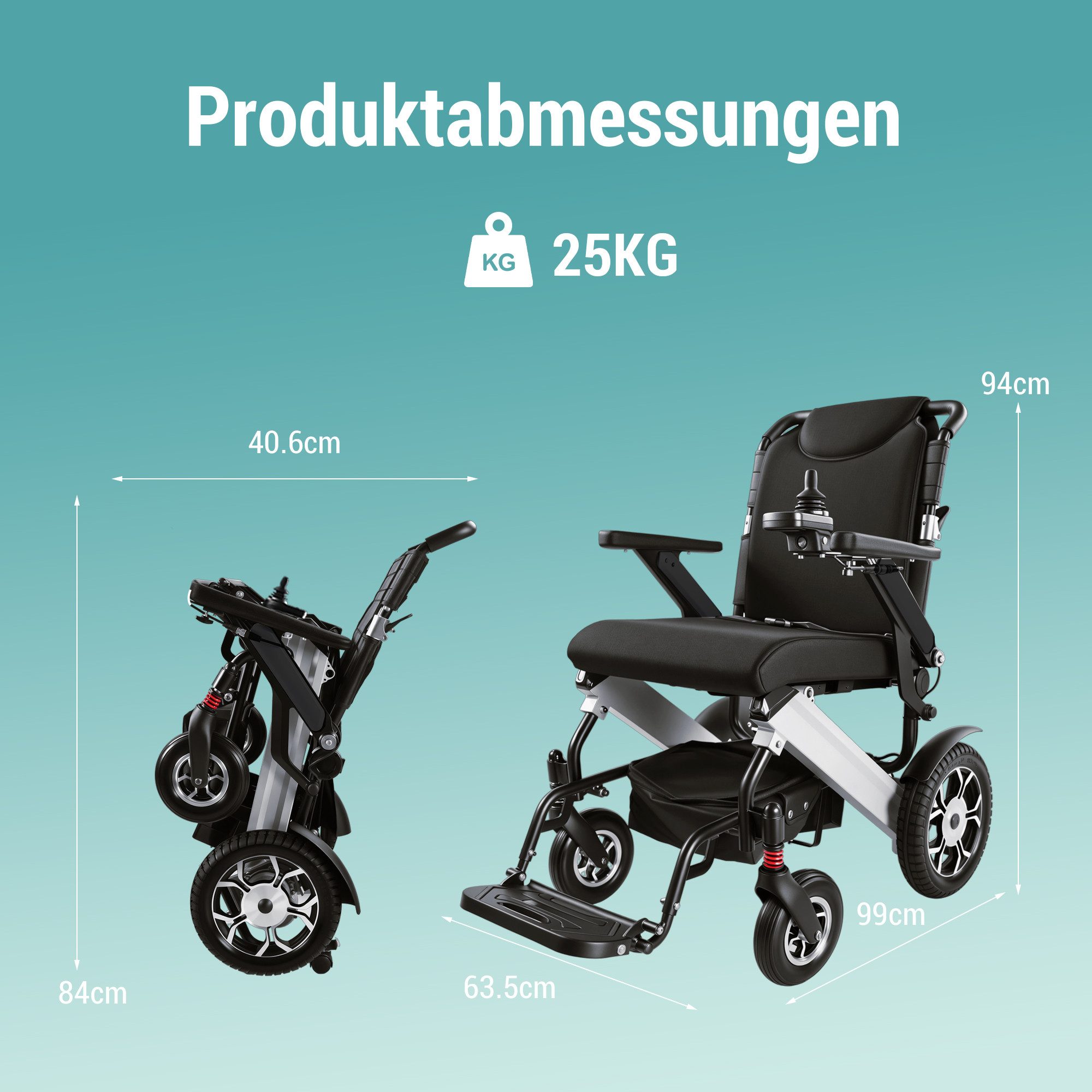 Vankel Elektrorollstuhl Elektrisch Faltbar Leicht bis 150KG, Faltbar, 25 km, seniorenmobil, 2x250W, 6,00 km/h E-Rollstuhl