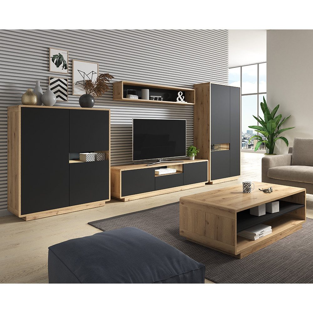 Lomadox Wohnzimmer-Set ALBANY-83, (Mega-Spar-Set, 5-St., 5-tlg), Taurus Eiche Nb. mit schwarz matt 423/181/40 cm