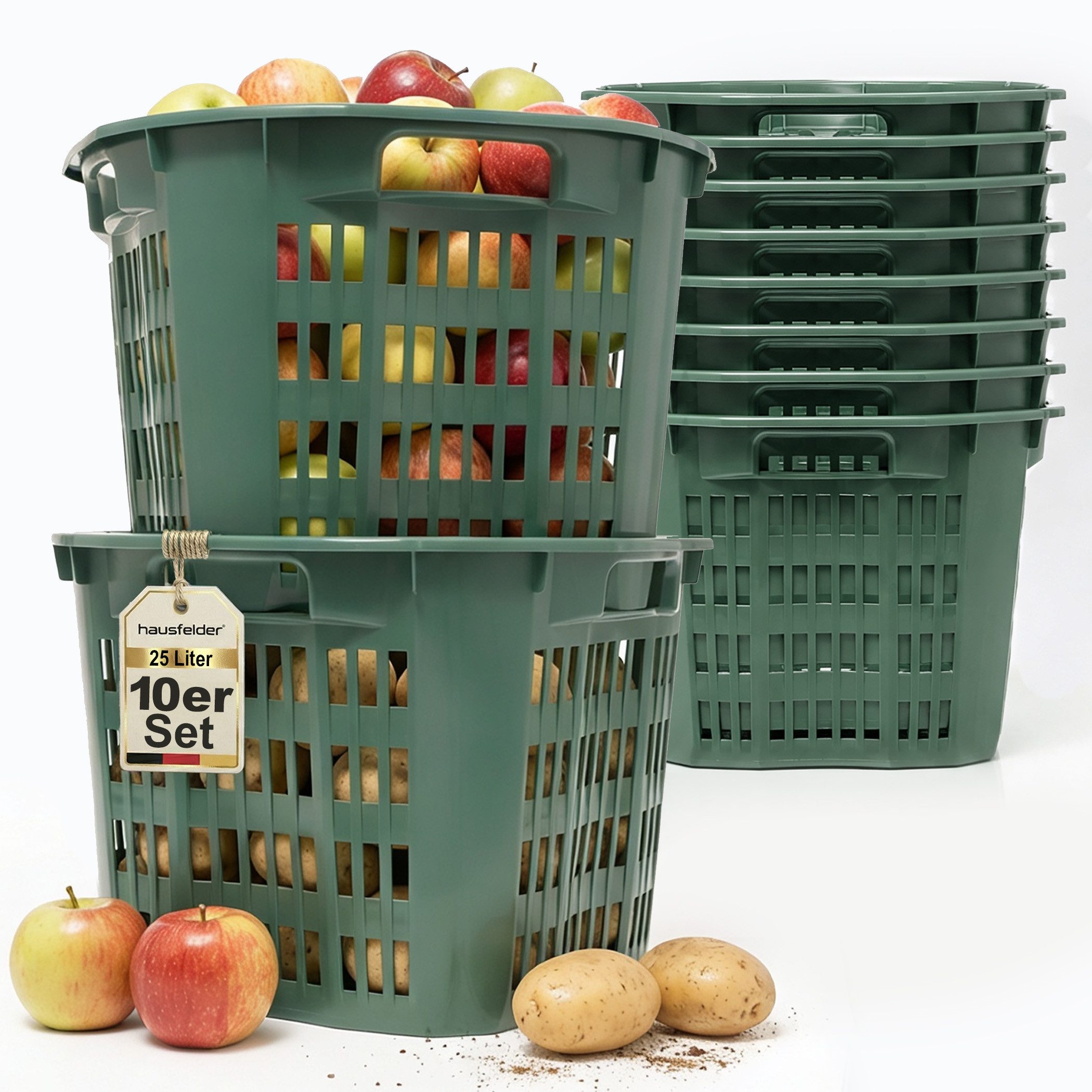 Hausfelder Allzweckkorb Erntekorb Gartenkorb, Grün, 25 Liter,10 Stück (10er Set, 10 St), lebensmittelecht und stabil aus Kunststoff