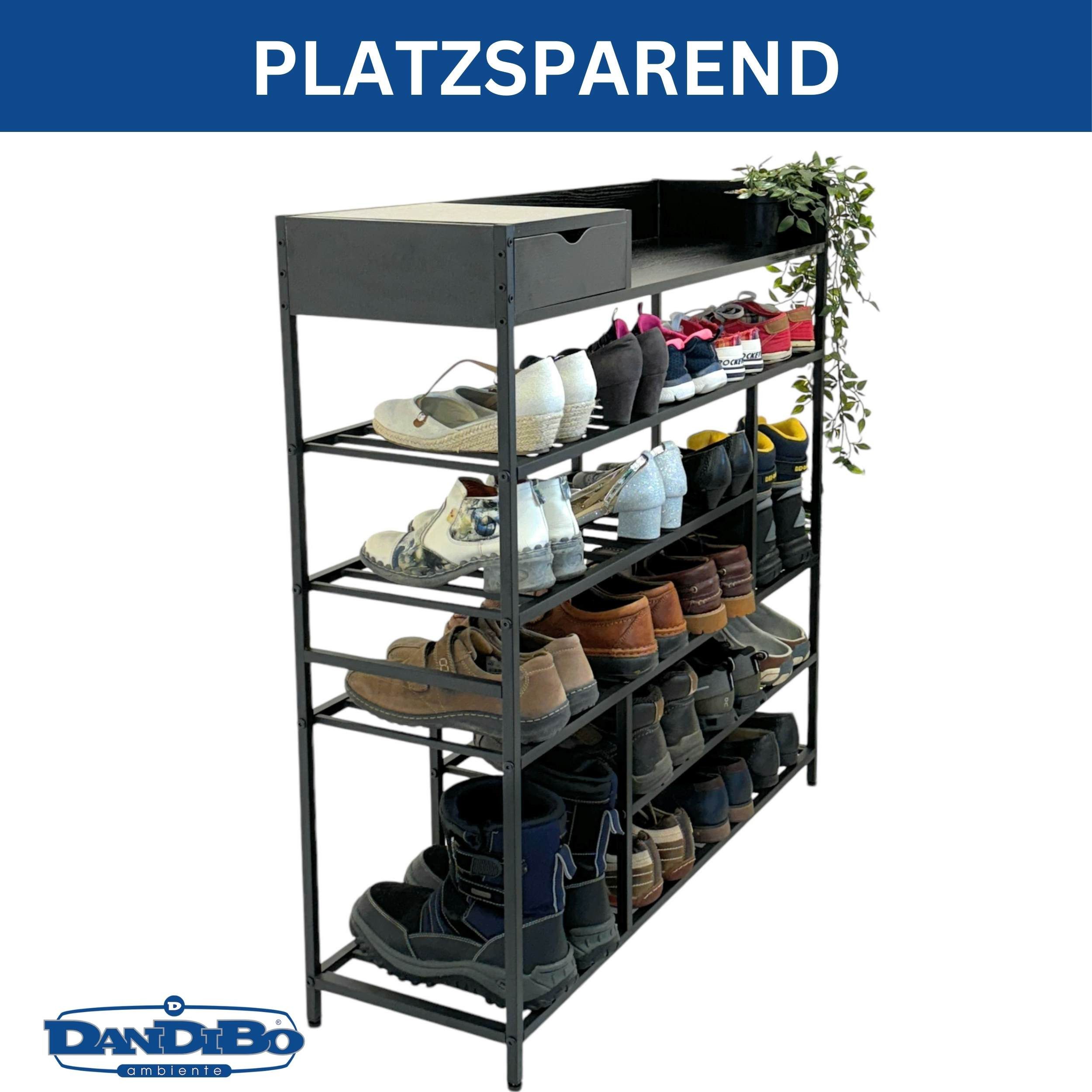 DanDiBo Schuhregal Schmal Hoch Metall Schwarz Modern 6 Etagen 100 cm mit Ablage, Schuhständer mit Stauraum Schuhablage Schuhaufbewahrung Regal Design – Bild 5 von 5