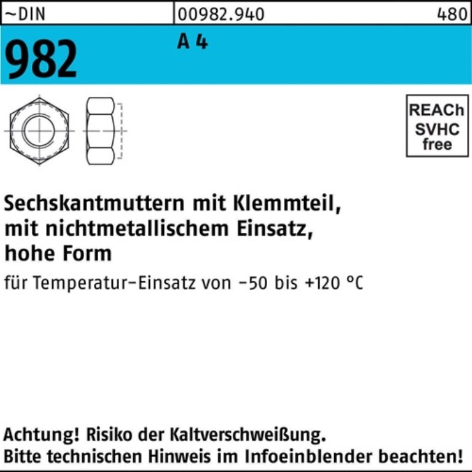 Reyher Muttern 100er Pack Sechskantmutter DIN 982 Klemmteil M20 A 4 25 Stück ~DIN 98 | Muttern