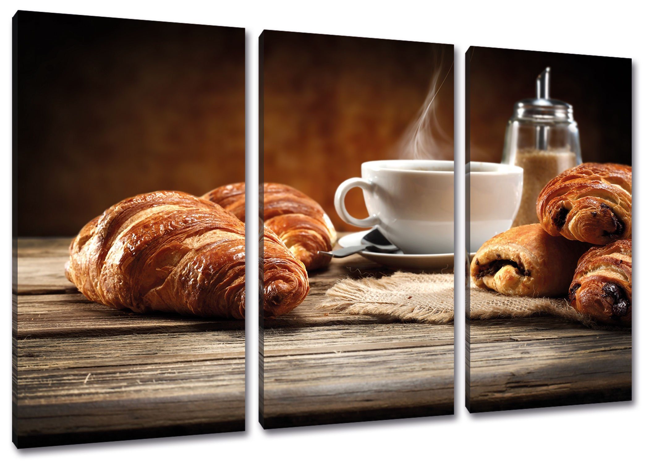 offiziell online Pixxprint Leinwandbild Croissant zum bespannt, St), Leinwandbild Zackenaufhänger fertig inkl. Kaffee, (1 zum (120x80cm) 3Teiler Croissant Kaffee