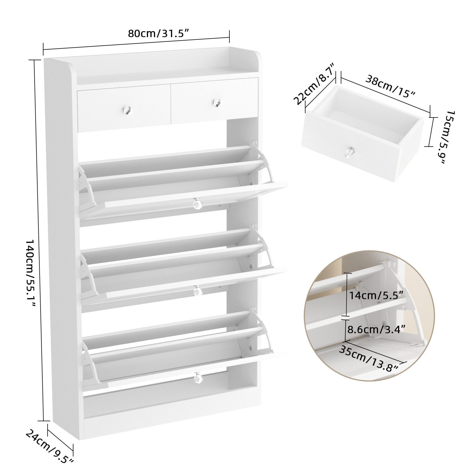 VOWNER Schuhschrank mit 3 Klappen, schmal mit 2 Schubladen, 80x24x140cm (1-St) verstellbare Ablage, Anti-Kipp-Sicherung, für Eingang/Flur