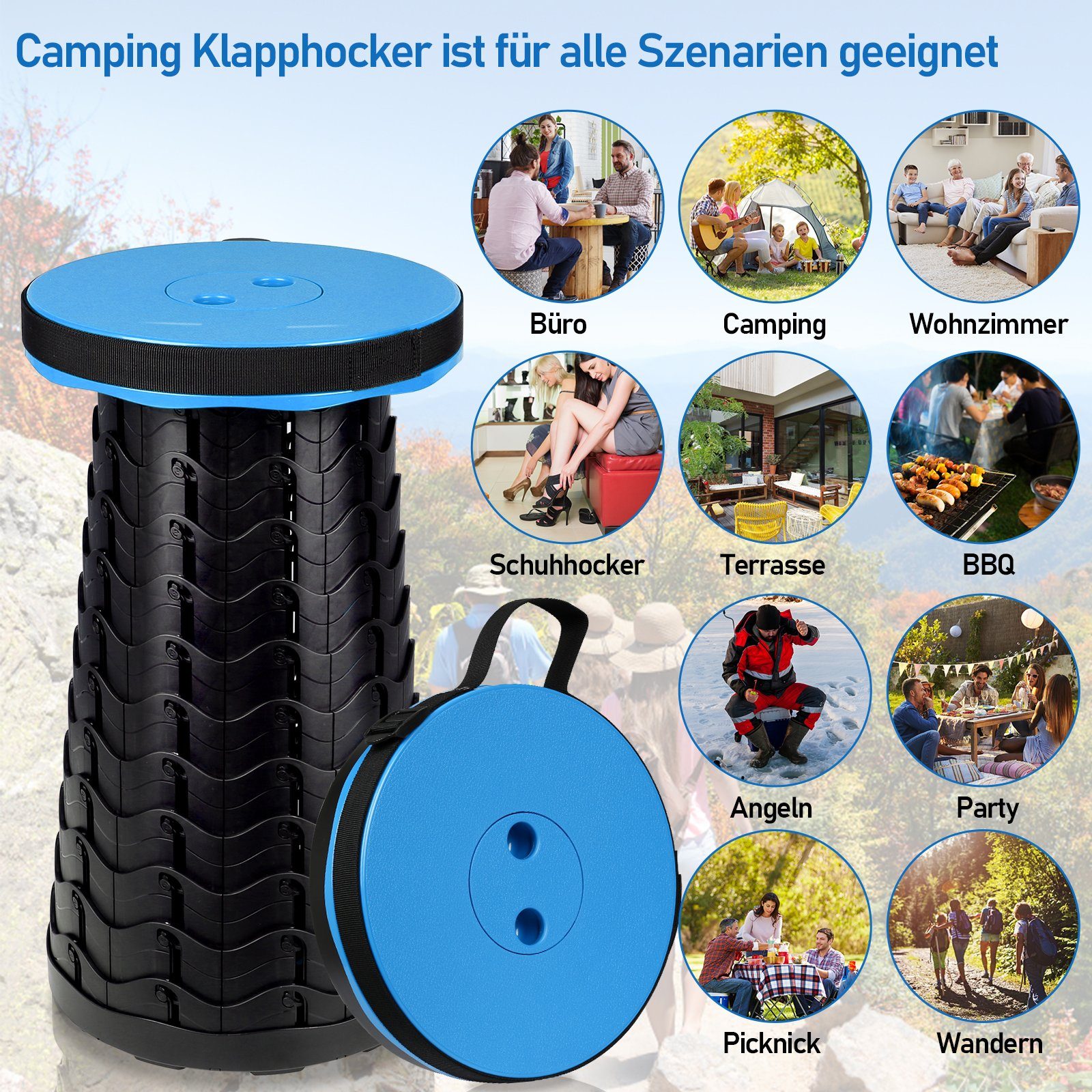 Klapphocker Teleskop Hocker Klappstuhl Sitz Blau Faltbar Klappstuhl Tragbarer TolleTour