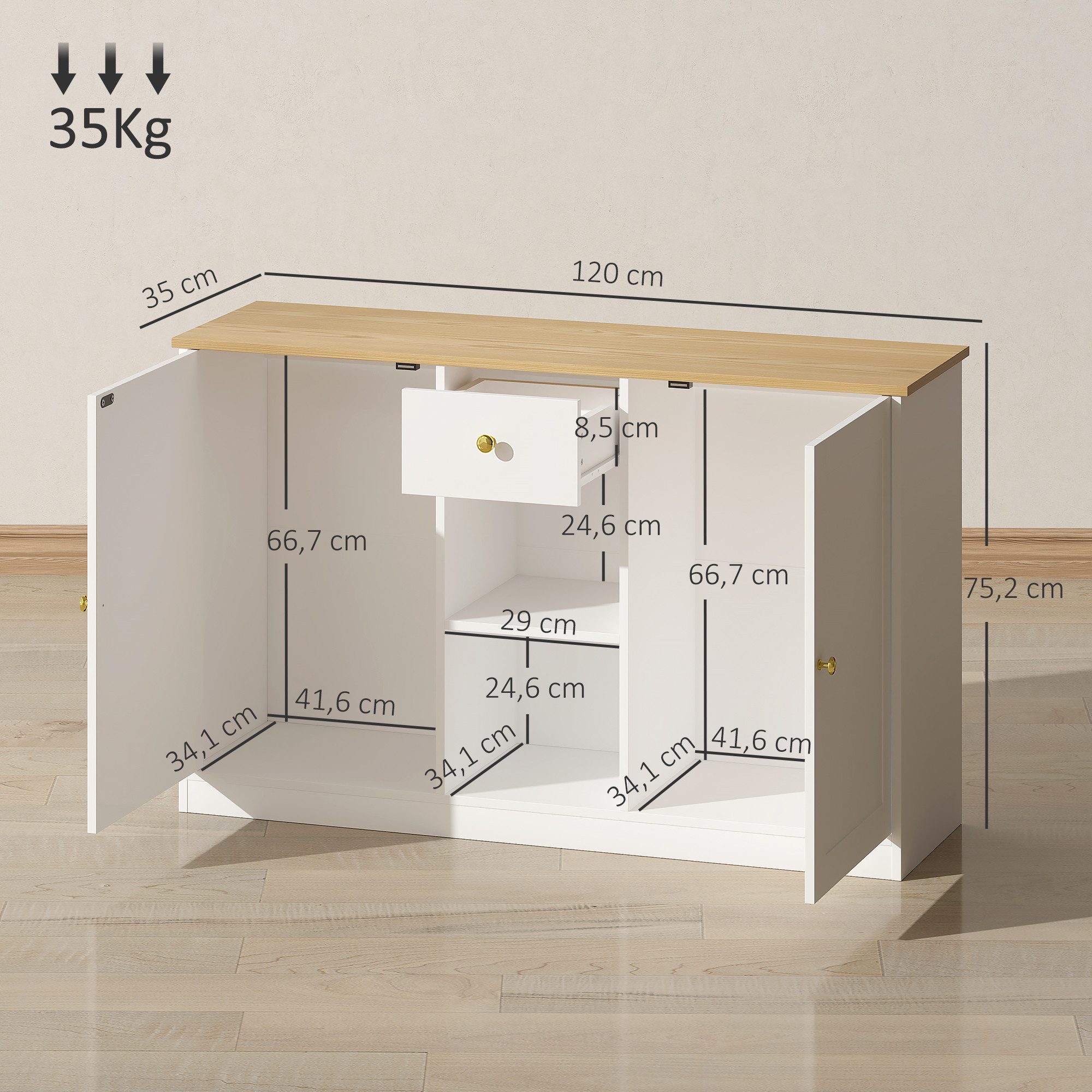 HOMCOM Sideboard Aufbewahrungsschrank mit Schublade, Küchenschrank für Küche (Kommode mit 2 Türen, 2 offenen Fächern, 1 St., für Wohnzimmer, Flur), 120 x 35 x 7 – Bild 3 von 5