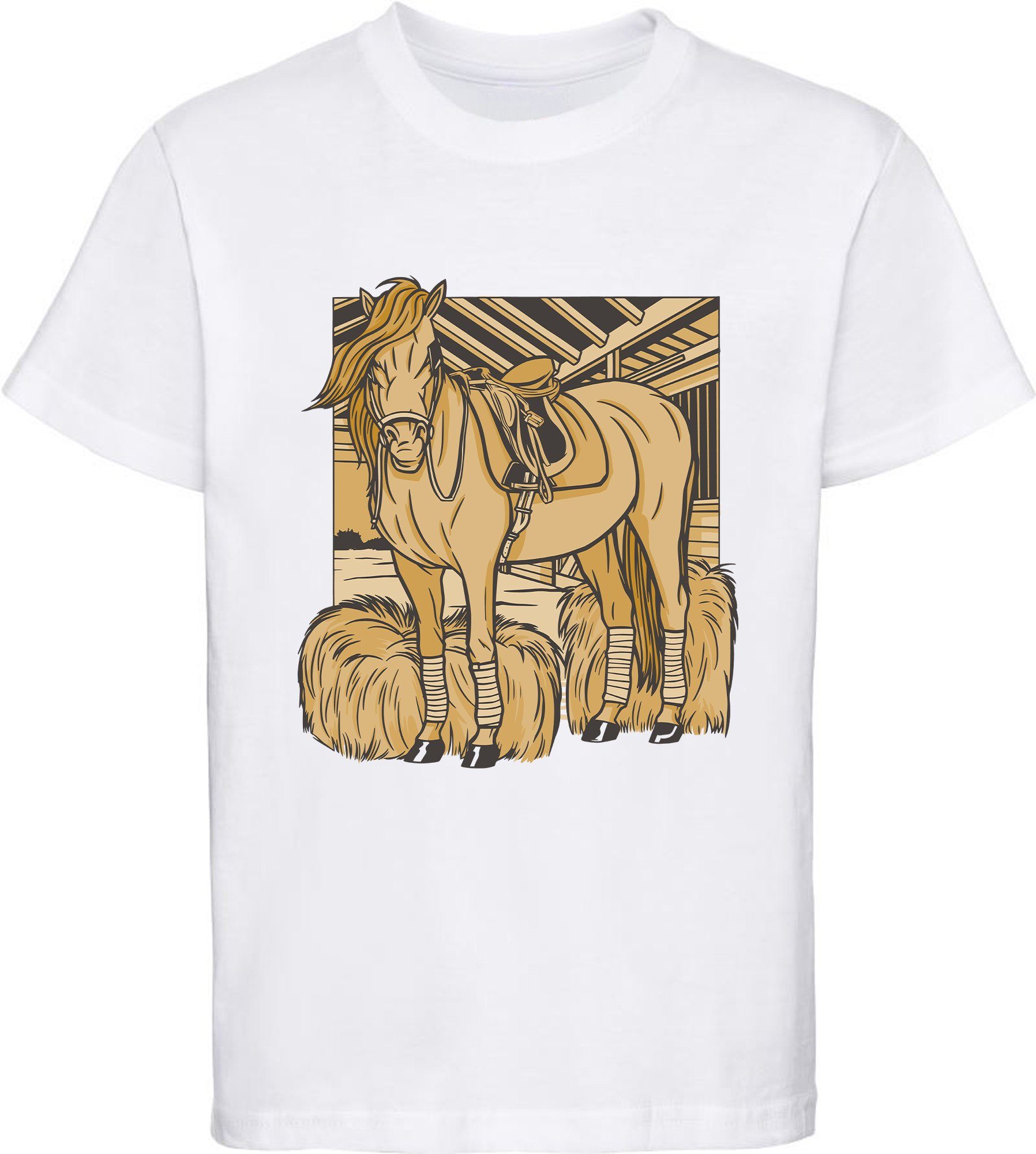 MyDesign24 Print-Shirt bedrucktes Mädchen T-Shirt ein Pferd im Stall Baumwollshirt mit Aufdruck, i147 weiss