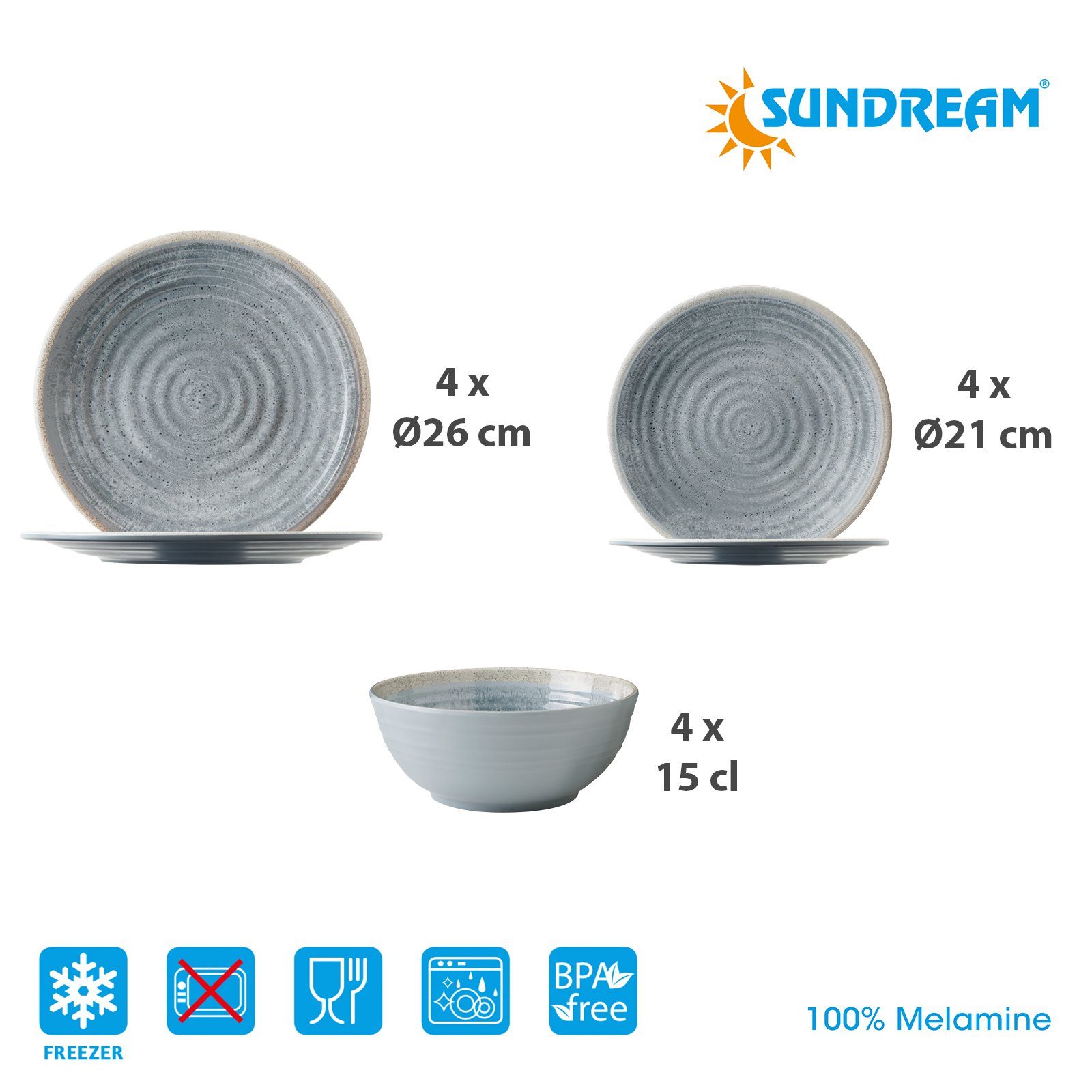 Sundream Geschirr-Set SUNDREAM Mirage Camping Melamin Geschirr (12, 16, 36-Teile), Leicht (12-tlg)