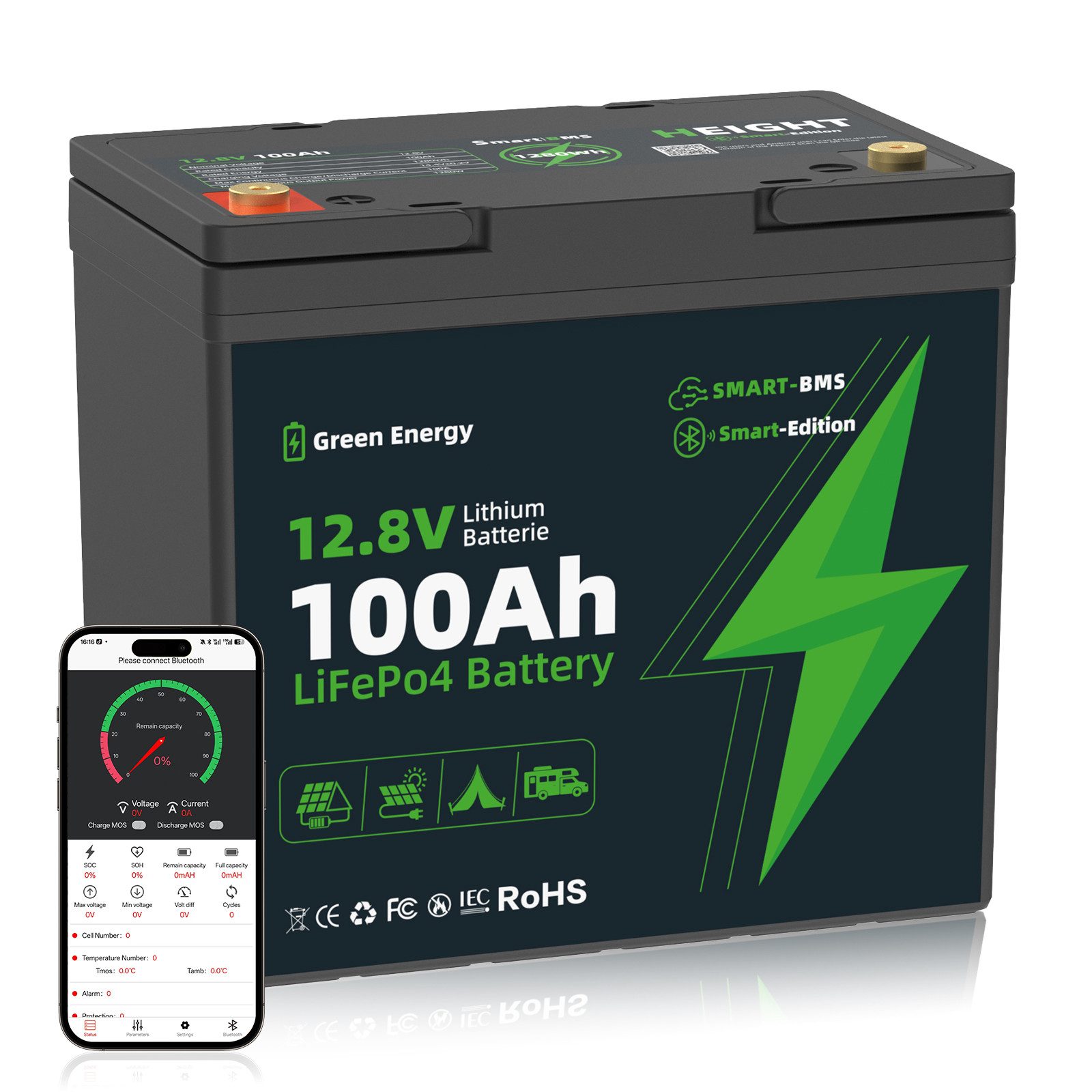Blossom LiFePO4 Batterie 12V 100Ah mit Bluetooth SMART-BMS, Solar Batterie, Lithium Batterie für Wohnmobil, Camping, Boot und Energiespeicherung