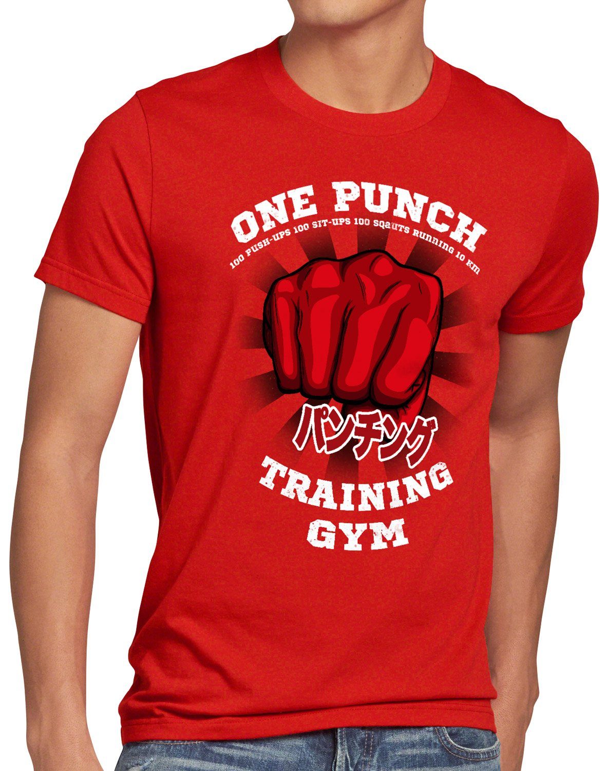 style3 Print-Shirt Herren T-Shirt One Punch Gym saitama anime manga rot