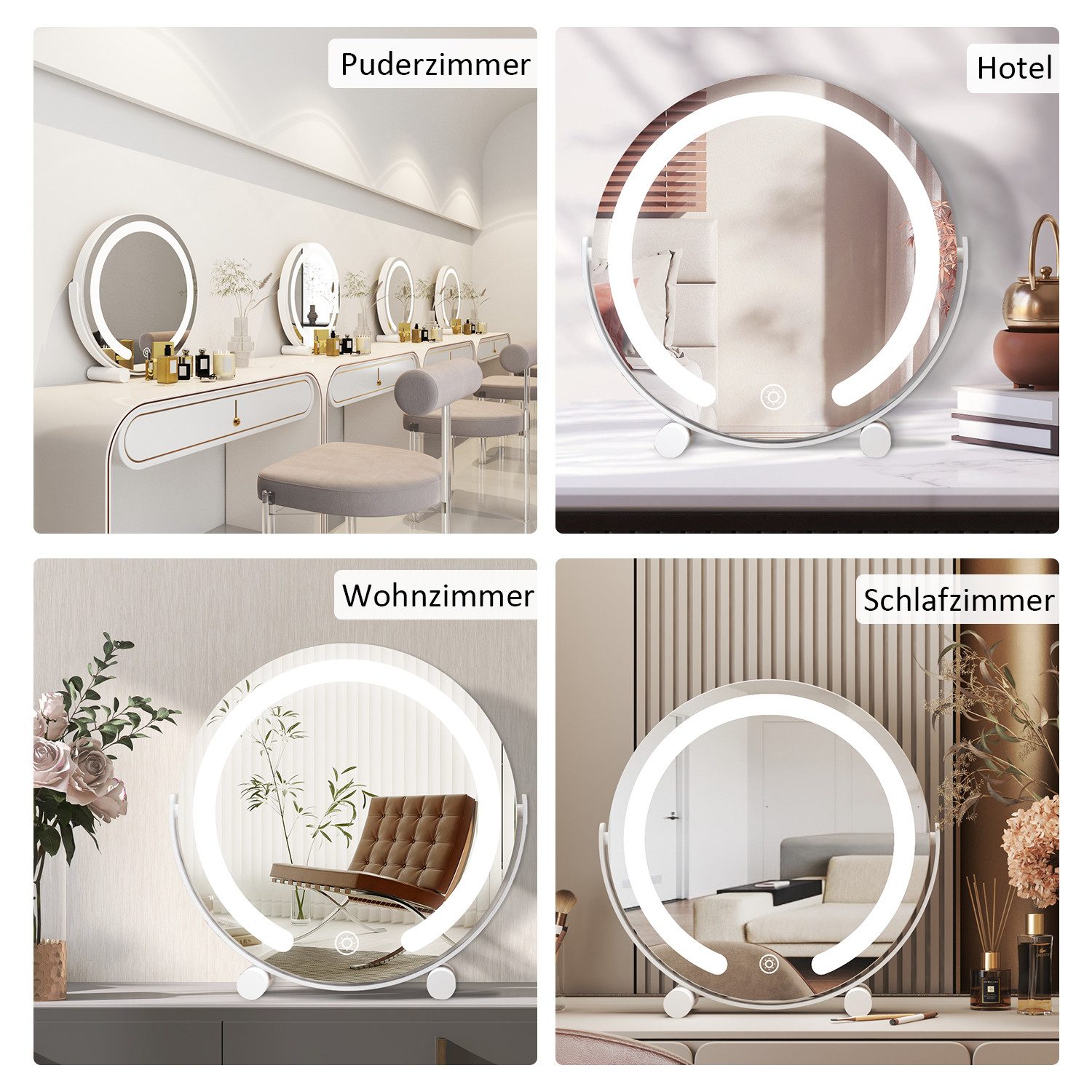 WDWRITTI Schminkspiegel mit Beleuchtung für tisch Kosmetikspiegel 3Lichtfarben Dimmbar Touch (Tischspiegel Rund Rundbogen Rechteckig, mit Touch, LED), HD Kupfer- und bleifreier Spiegel, Stabile Standfuß