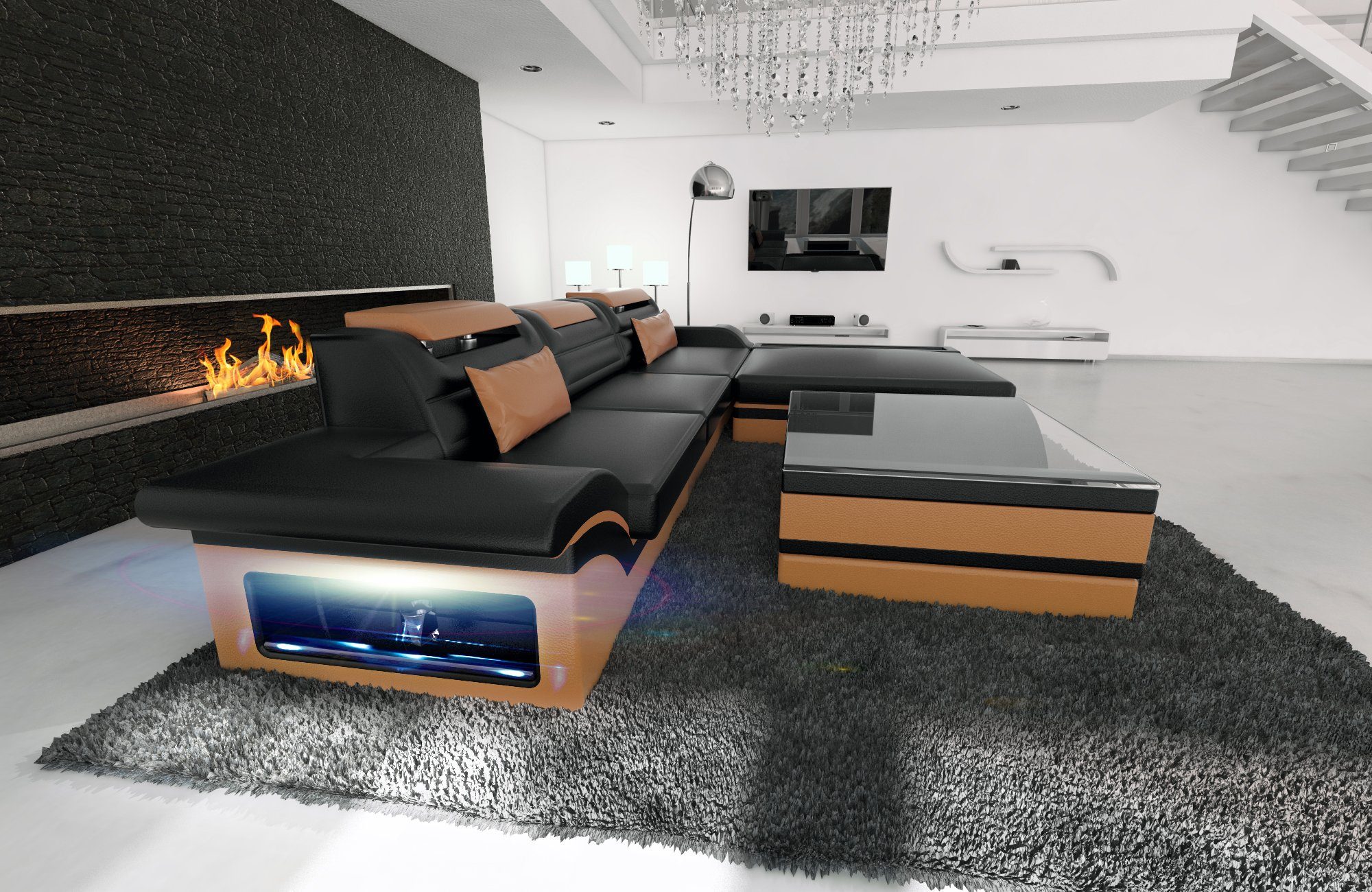 Bettfunktion Schlafsofa, Sofa als mit Ledersofa, Couch, L Ecksofa Parma Leder mit LED, Sofa Dreams wahlweise Form Ledercouch Designersofa