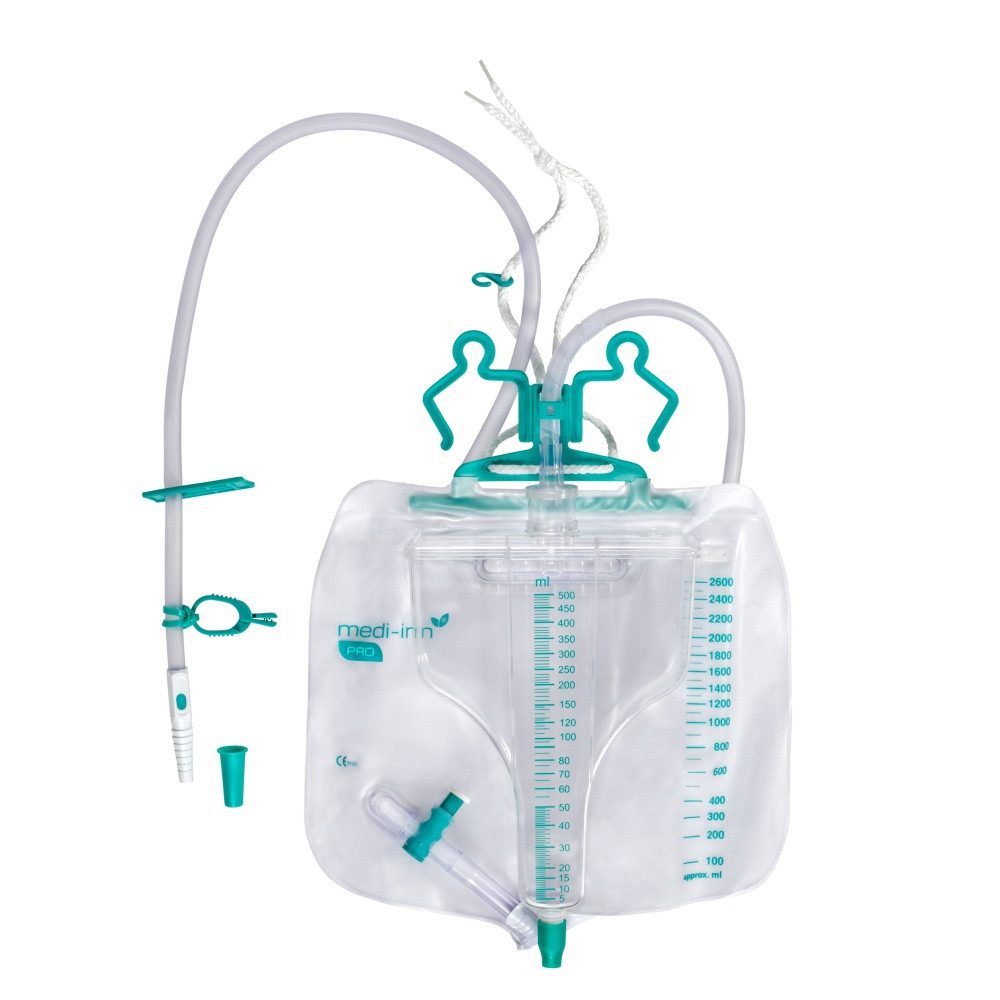 Medi-Inn PRO Urinbeutel Urin Mess-System mit Graduierung, 2600 ml, steril (1 St), Nadelfreie Probenentnahme, Anti-Rücklaufventil, latexfrei, steril