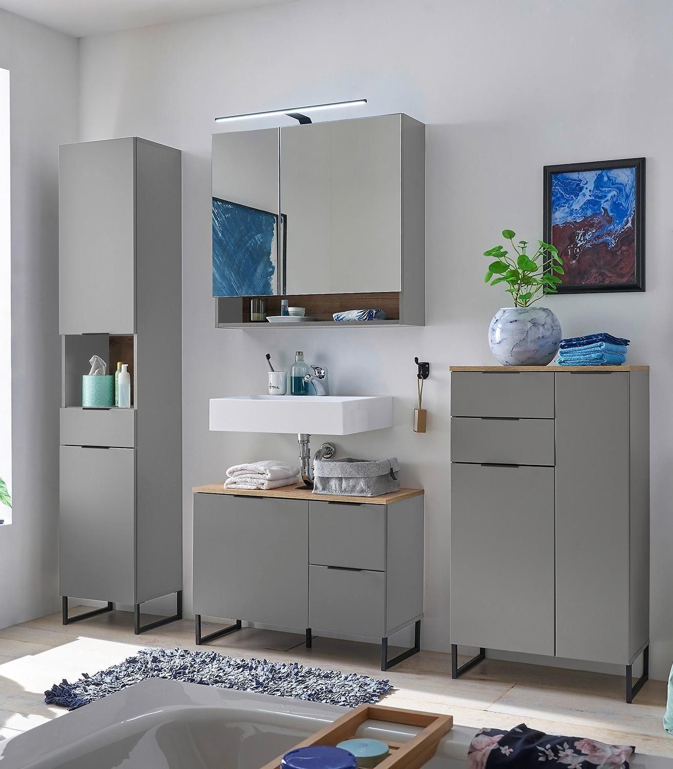 Bega Consult Spiegelschrank DENVER, 2 Spiegeltüren, Grau, mit LED-Aufsatzleuchte, B 80 x H 75 x T 22 cm