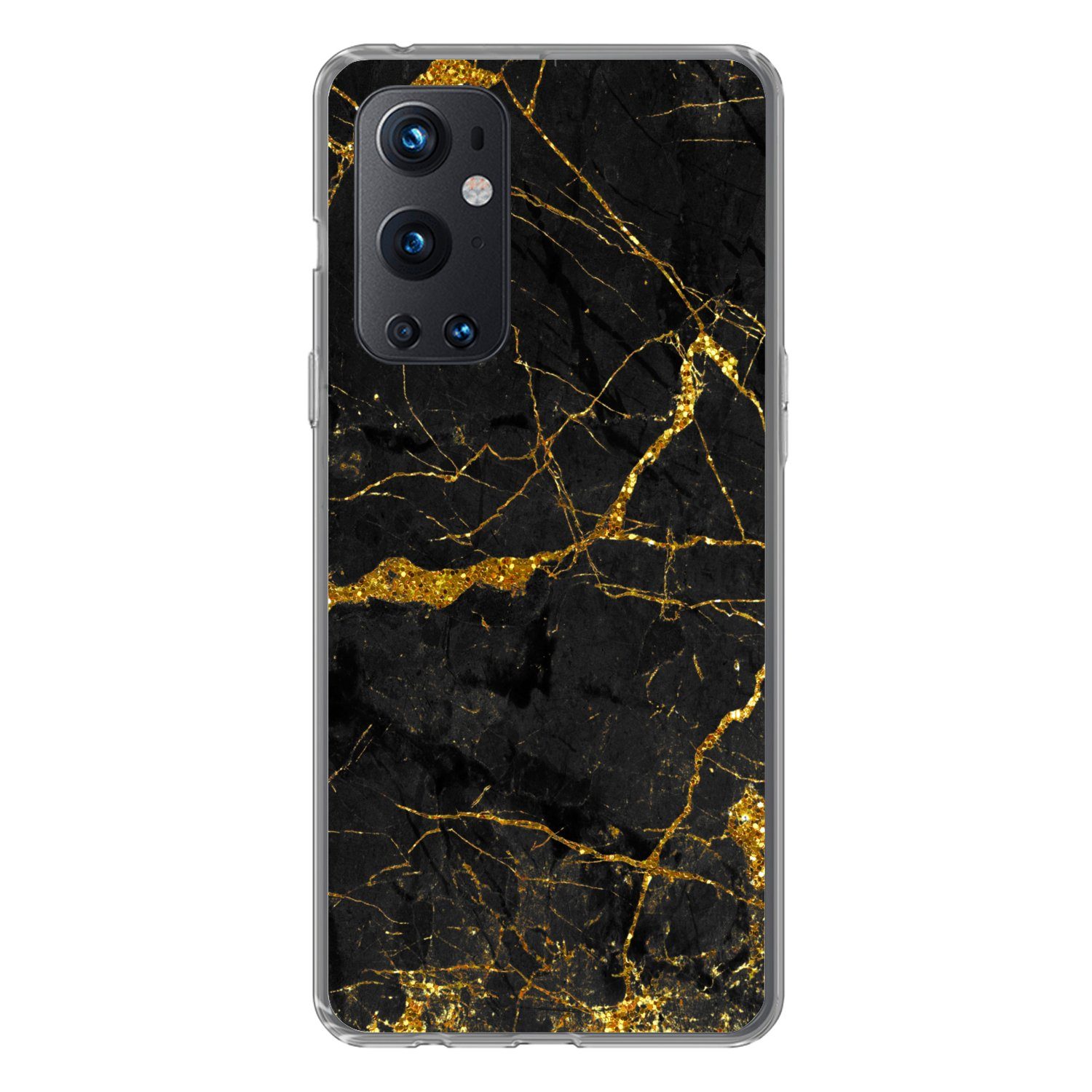 MuchoWow Handyhülle für OnePlus 9 Pro Marmor - Gold - Schwarz - Marmoroptik - Luxus - Glit, Phone Case, Silikon, Schutzhülle Dünn