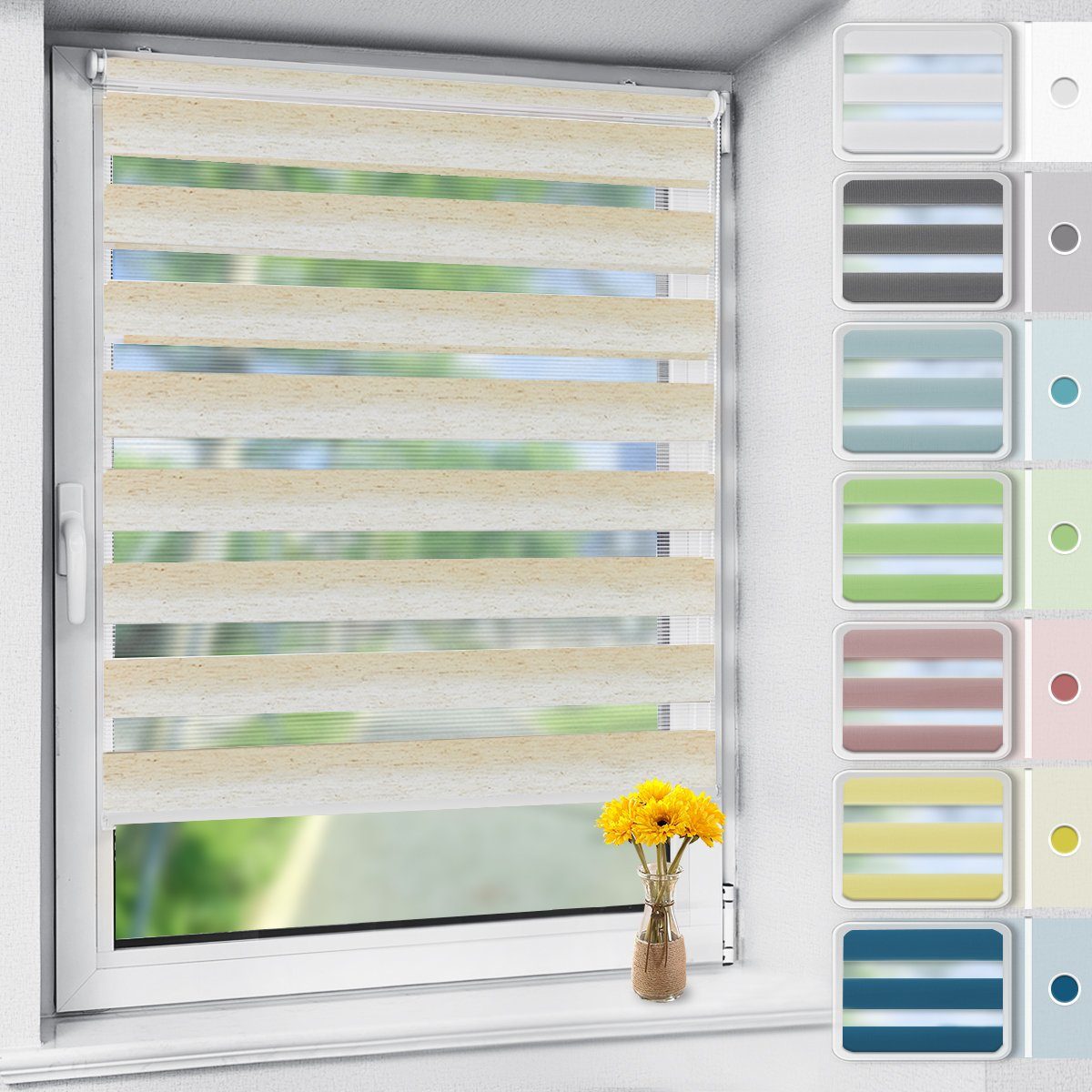 Doppelrollo rollos für Fenster ohne Bohren 130cm, OUBO, Lichtschutz, freihängend, mit Klemmträger, Klemmfix, livhtdurchlässig und verdunkelnd
