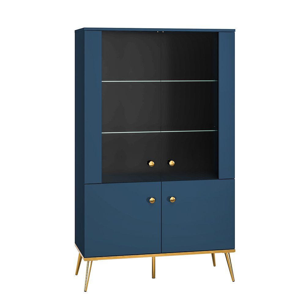 Lomadox Highboard MONTPELLIER-131, in dunkelblau mit Glastüren und Glasböden, B/H/T ca. 92/152/40 cm