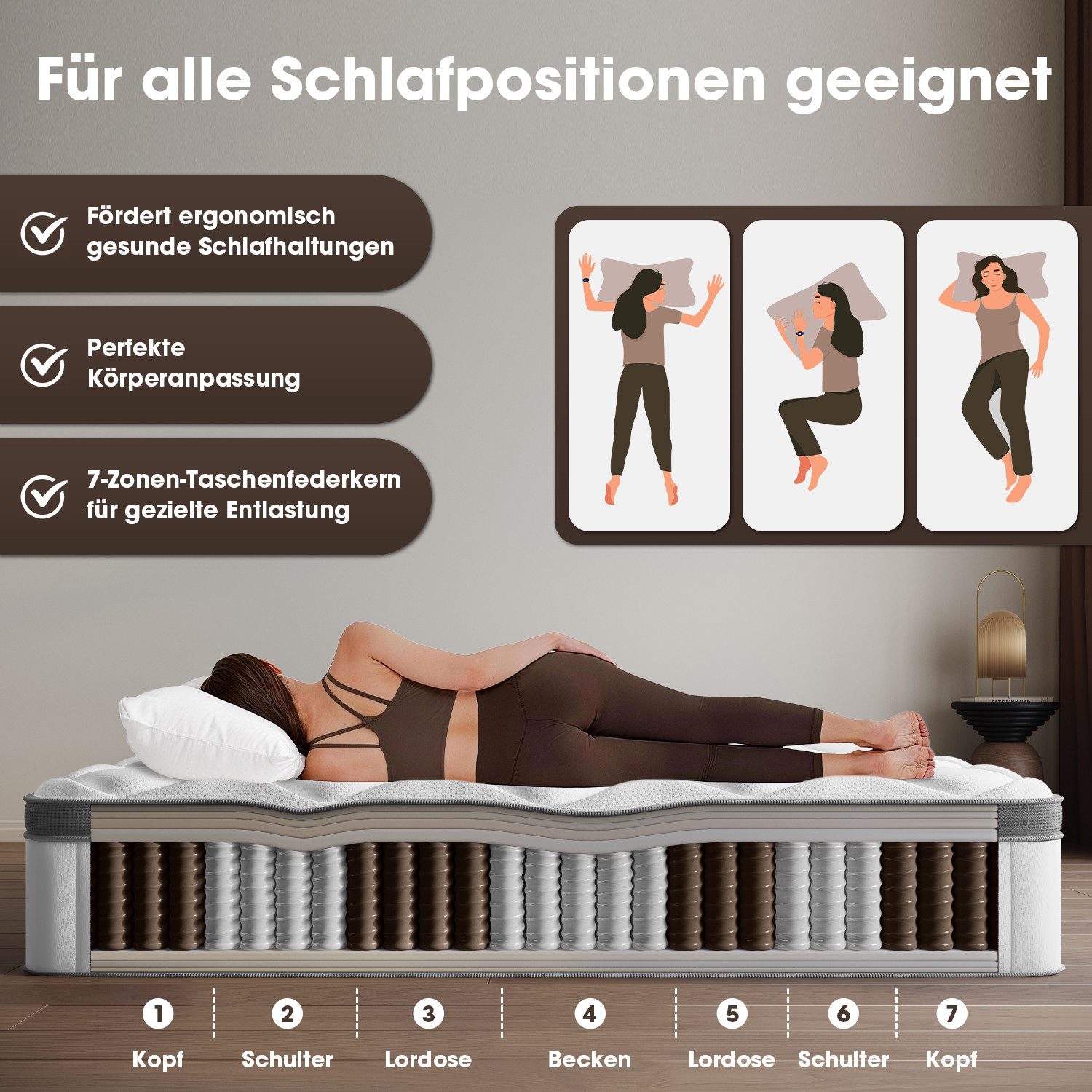 Boxspringmatratze Taschenfederkernmatratze Matratze H3, 7-Zone Federkernmatratze, Hiazurm, 26 cm hoch, (Atmungsaktiv, Orthopädische, mit Spannbettlaken, Qualitätsmatratzen Für Kinder und Erwachsene), Matratze 180x200 cm