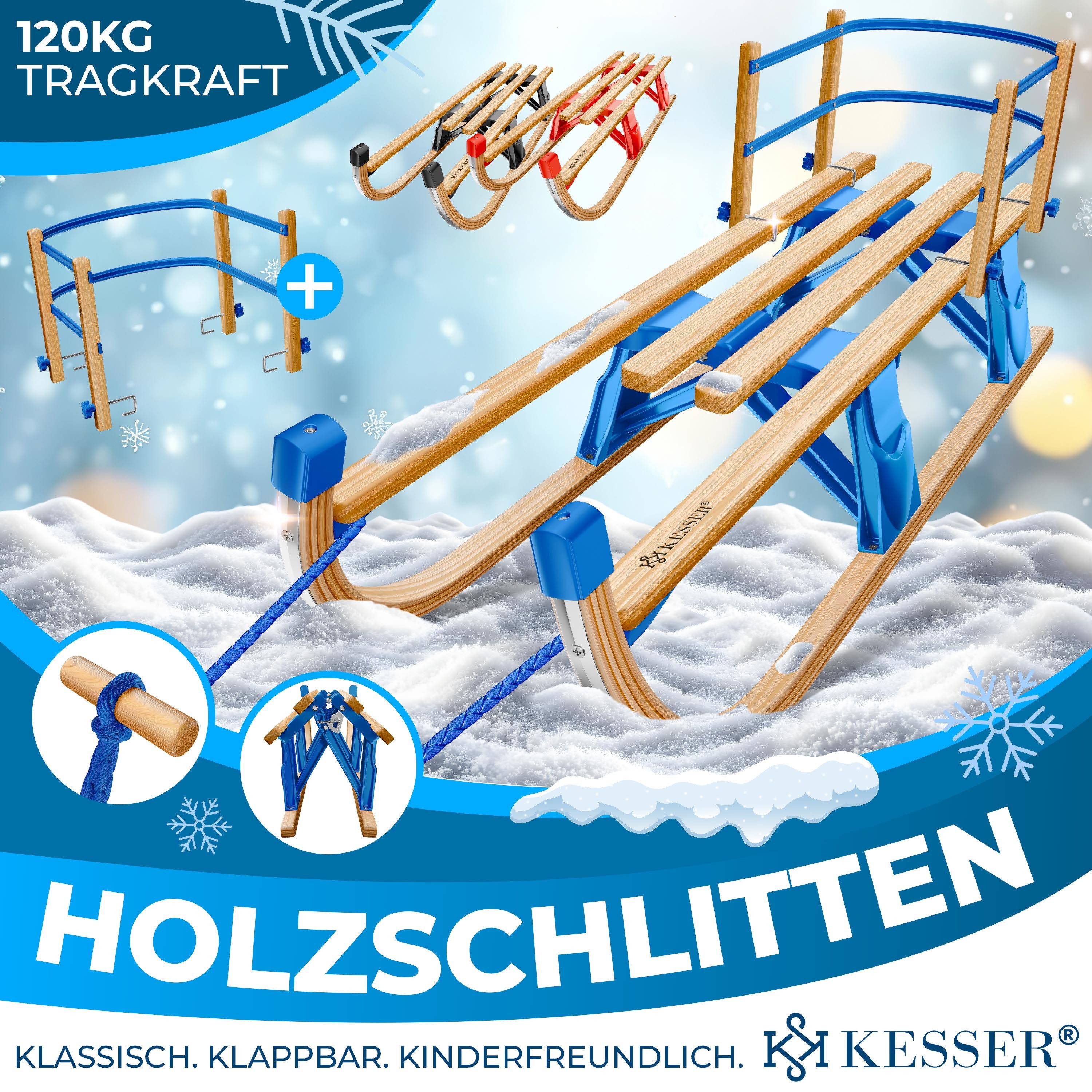 KESSER Schlitten, Holzschlitten Premium Kinderschlitten Faltschlitten max. bis 120kg