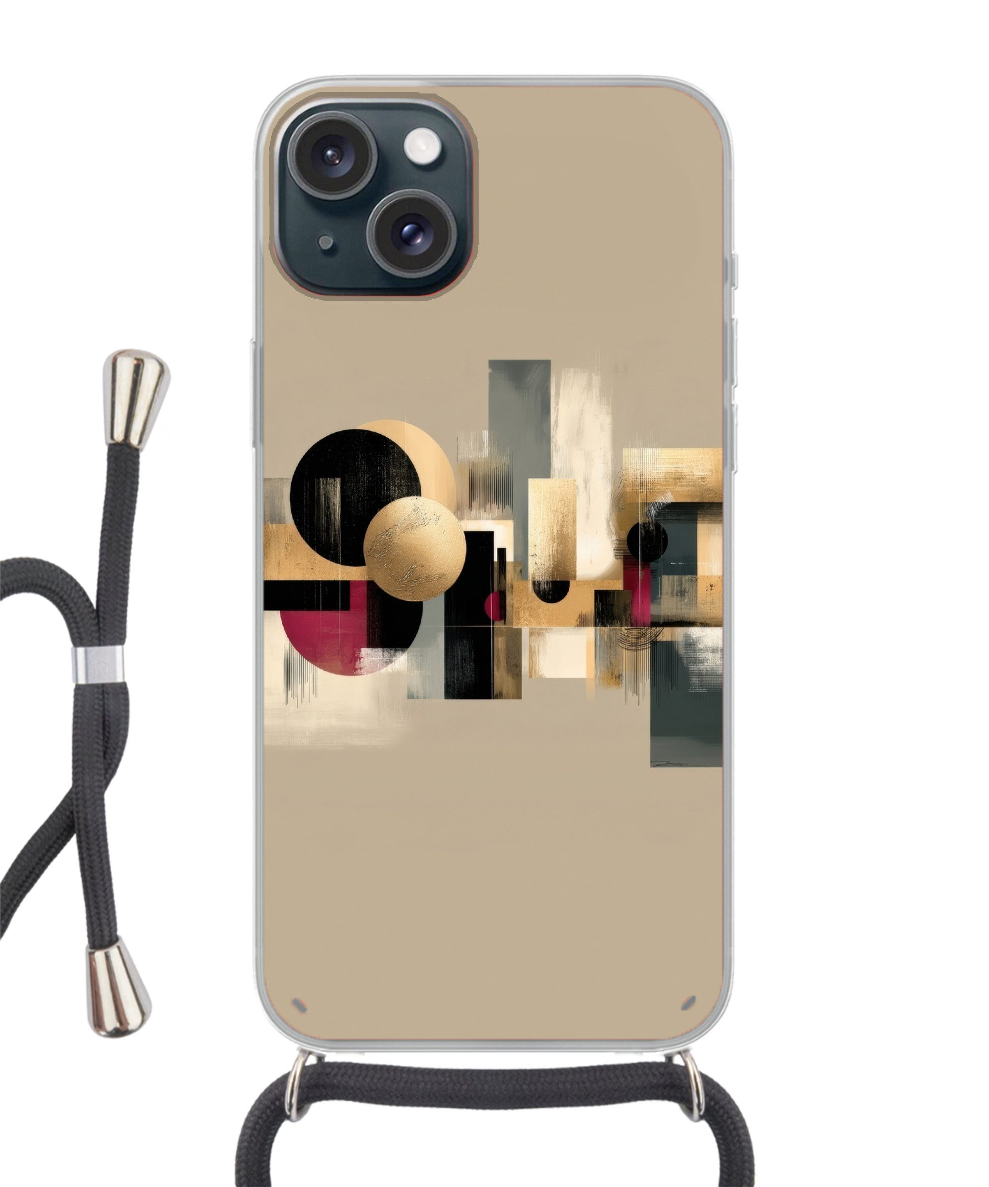 MuchoWow Handyhülle für Apple iPhone 15 Abstrakt - Formen - Beige - Texturen, Tragbare Handyhüllen mit Kette zum umhängen, Handykette Handyband