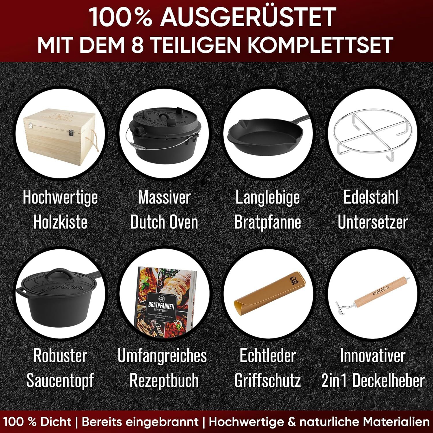 GUSSKÖNIG Schmortopf GUSSKÖNIG Dutch Oven Set 8 teilig Topf Set inkl. Rezeptbuch