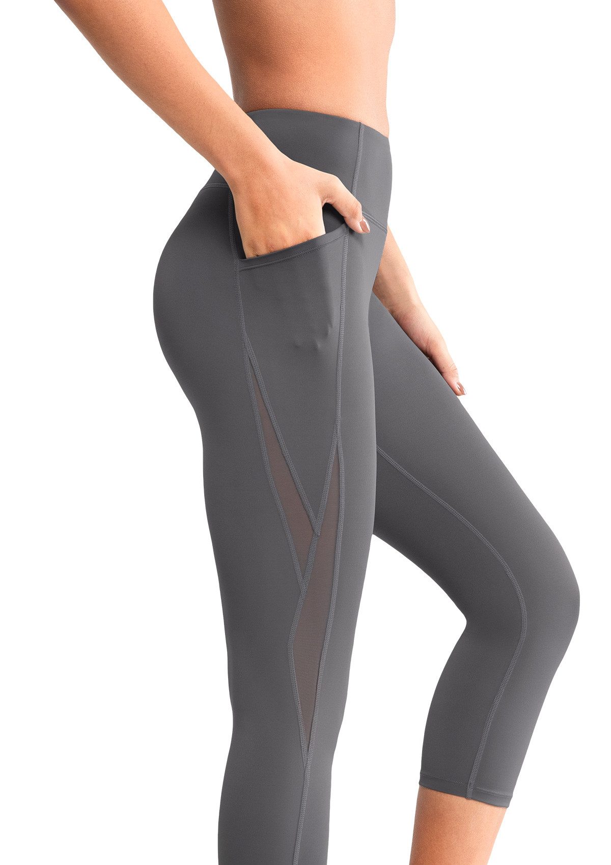 Yvette 3/4-Leggings Damen Sporthose mit Taschen hohe Taille Capri Mesh Blickdicht, 615A19