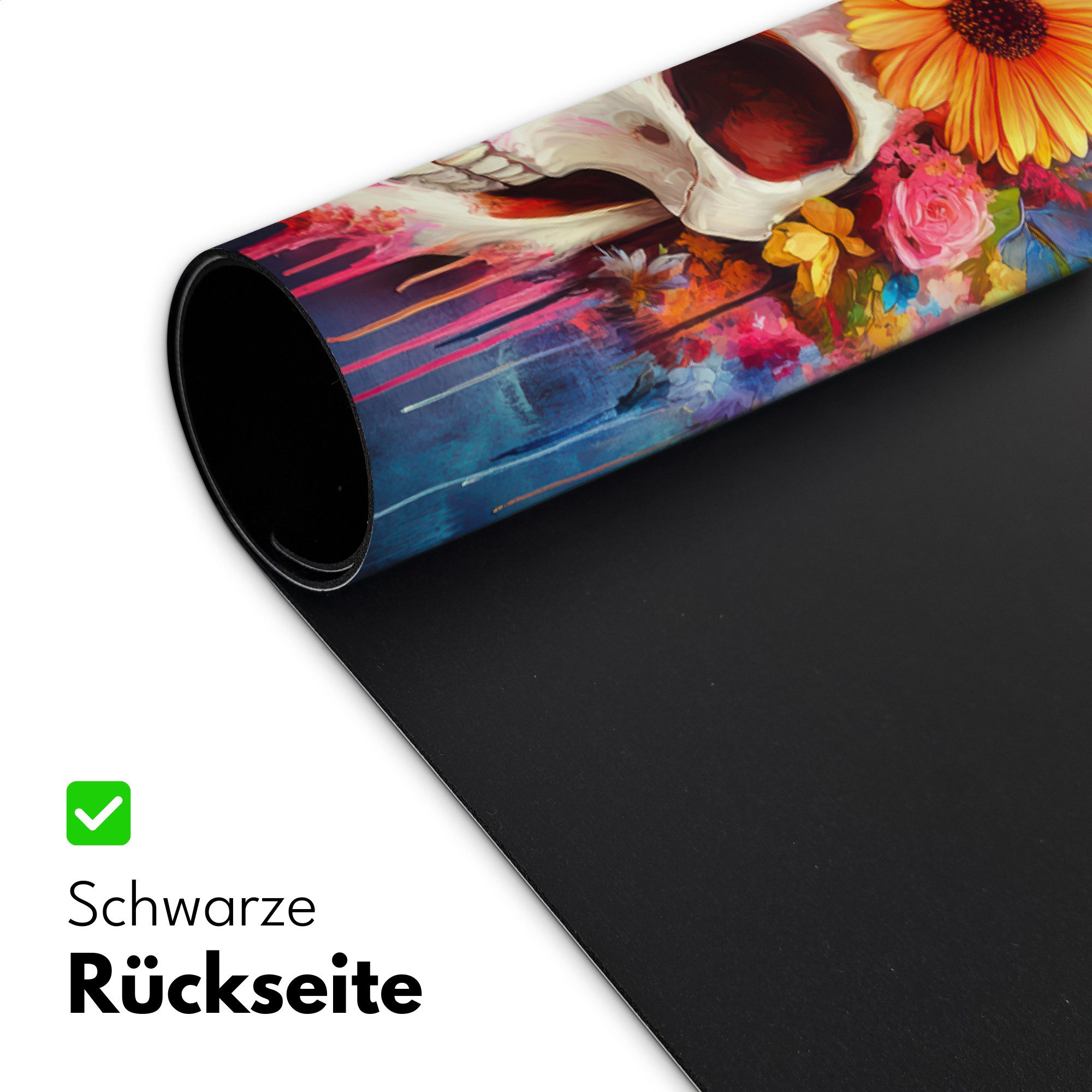 MuchoWow Gaming Mauspad Totenkopf - Blumen - Totenkopf - Bunt (1-St), Gaming Mauspad XXL, Schreibtischunterlage, Desk Mat Groß, 80x40 cm