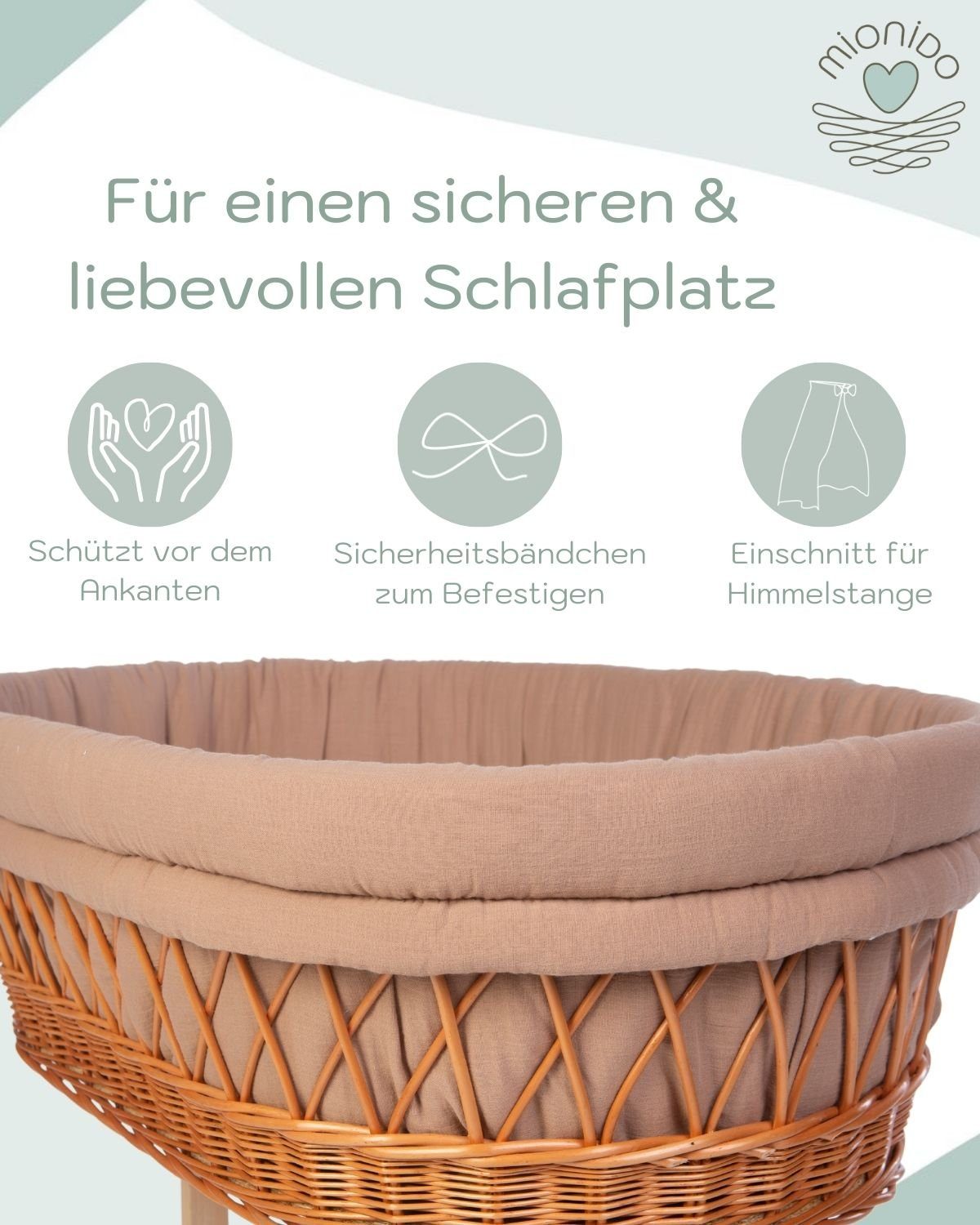 Mionido Stubenbett Textiles Set für Stubenwagen Sterne braun Polster Himmel  Spannbetttuch, Made in Germany, Wiederverwendbare Verpackung, Handarbeit