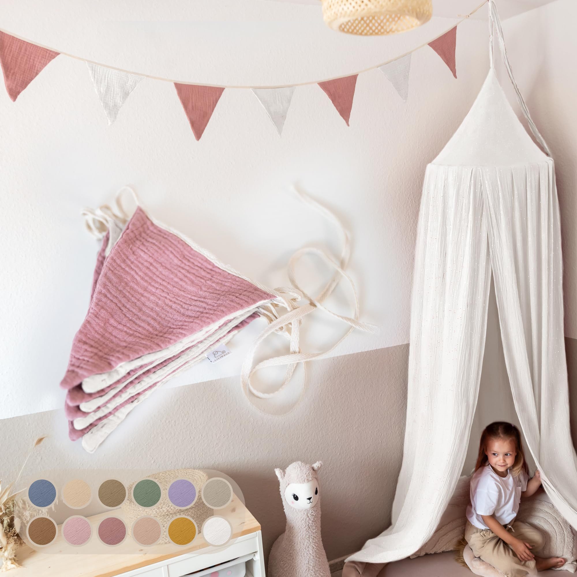 lilimaus Wimpelkette Handgemachte Wimpelkette für Kinderzimmer aus Musselin Baumwolle, Stilvolle Girlande aus Baumwolle - Perfekt für Kinderzimmer Deko