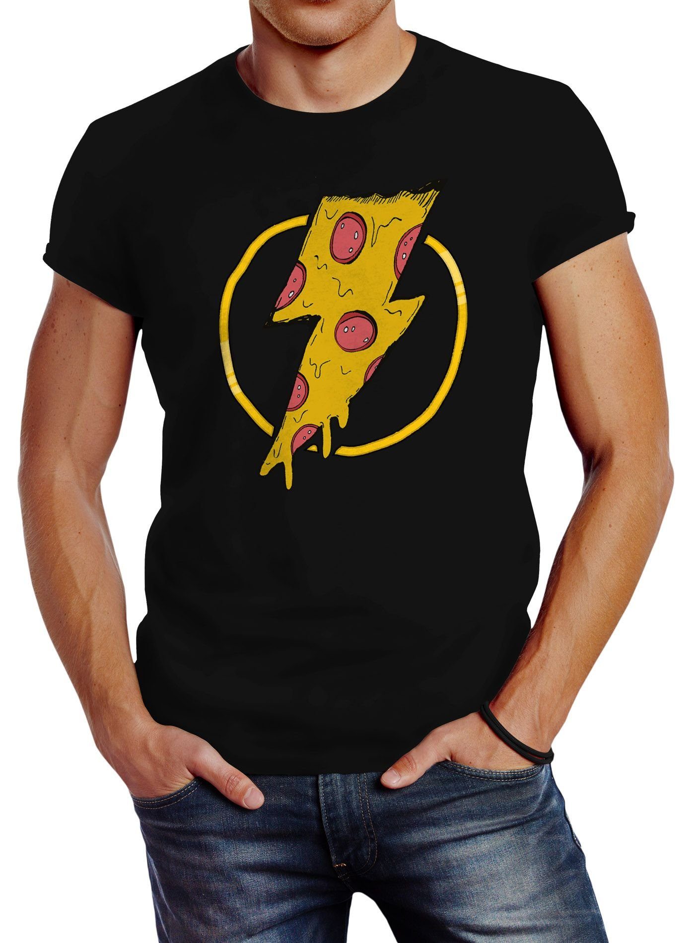 Neverless Print-Shirt Neverless® Herren T-Shirt Pizza Blitz Aufdruck Comic Stil Printshirt mit Print