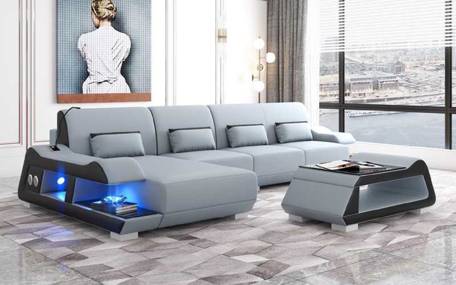 JVmoebel Ecksofa Moderne Ecksofa L Form Ledersofa Couch Sofa Luxus Eckgarnitur Couchen, 3 Teile, Made in Europe Grau